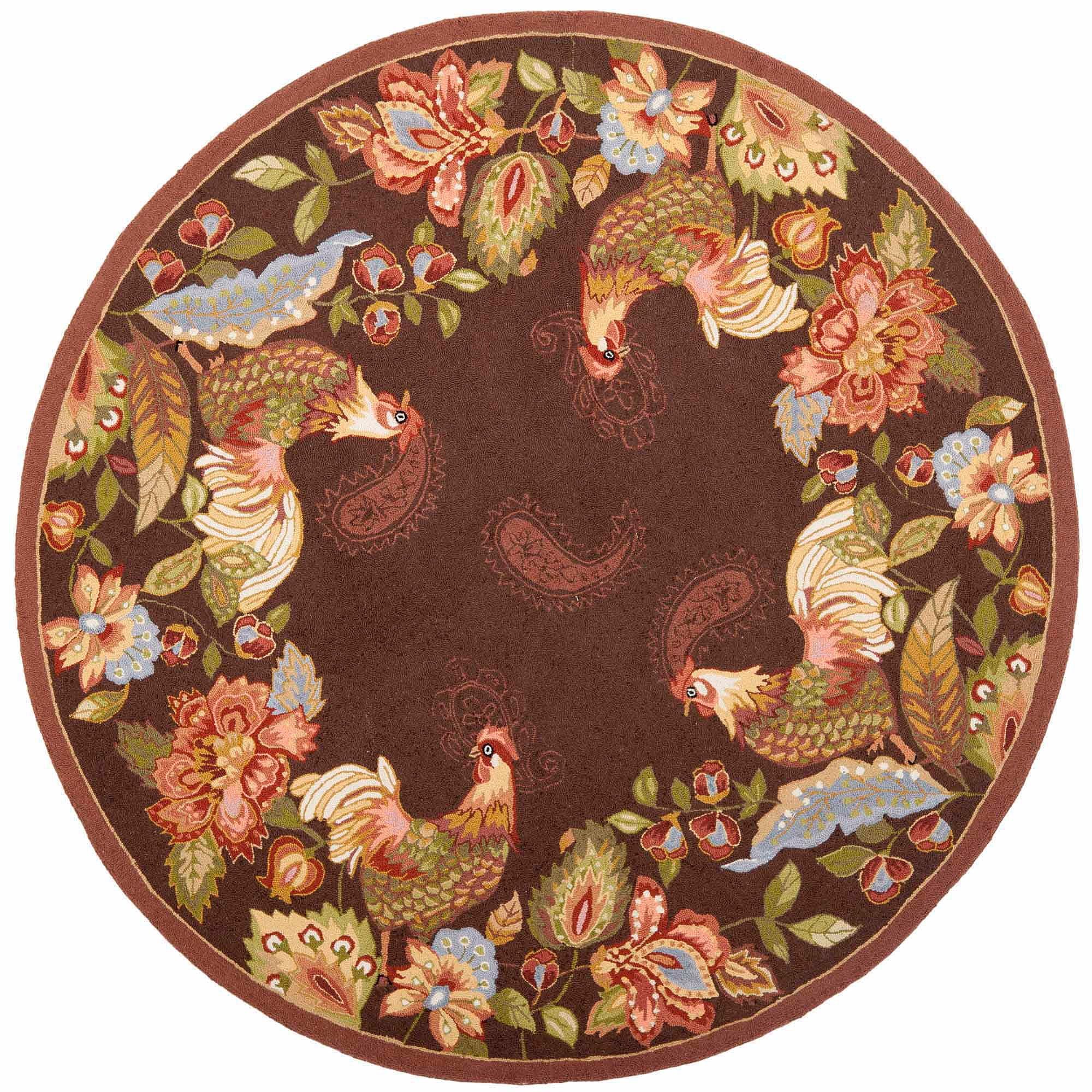 Maroon Floral Round Handmade Wool Rug with Rooster Design