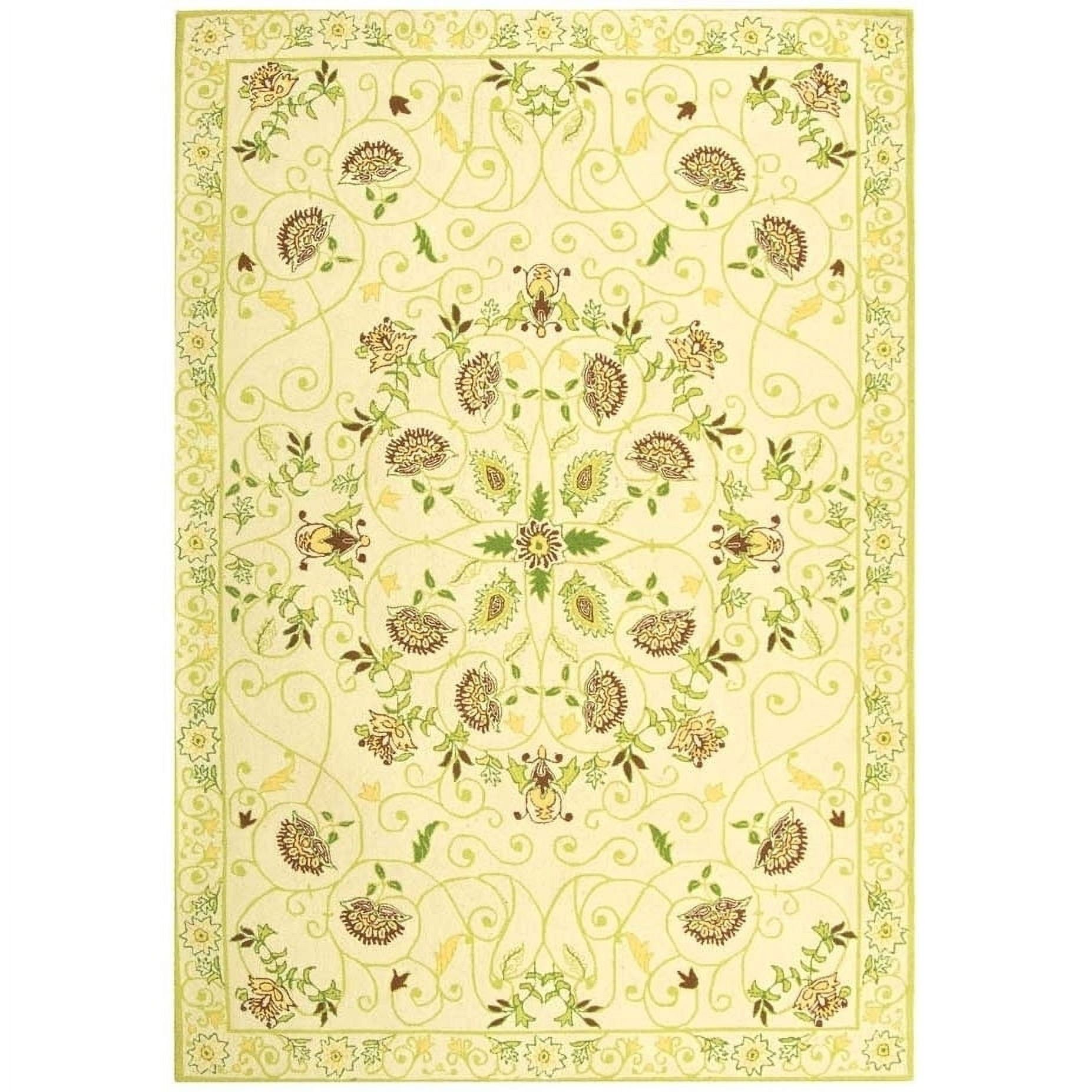 Ivory and Green Floral Wool Hooked Area Rug, 6' x 9'