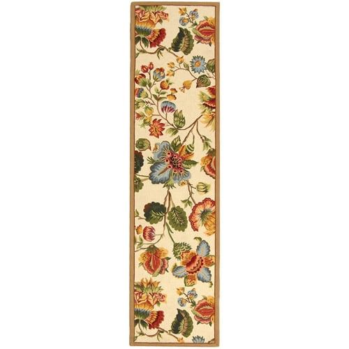 Ivory Floral Wool Runner Rug with Hand-Hooked Design, 2'6" x 8'