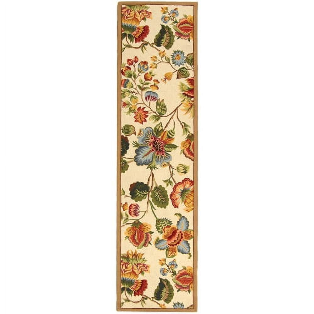 Ivory Floral Wool Runner Rug with Hand-Hooked Design, 2'6" x 8'