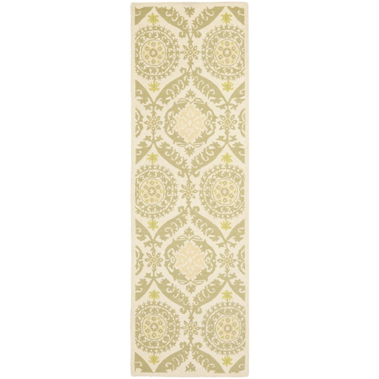 Ivory and Green Floral Wool Hooked Round Rug
