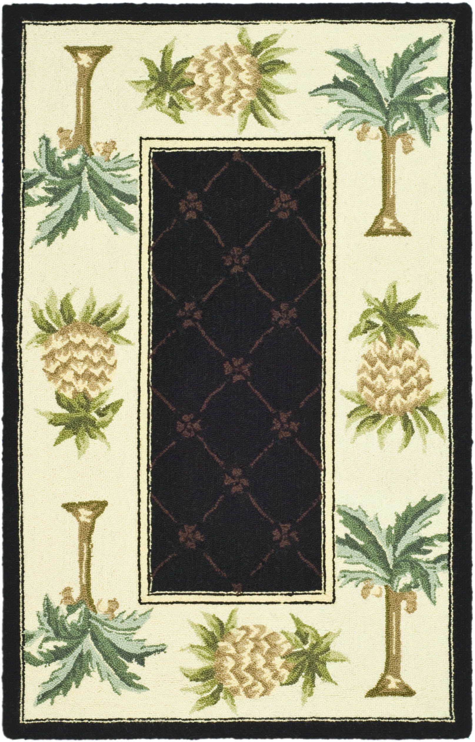 Ivory and Black Wool Handmade Area Rug with Palm Tree Design