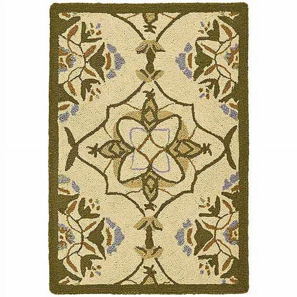 Ivory and Green Handmade Wool Geometric Area Rug 1'8" x 2'6"