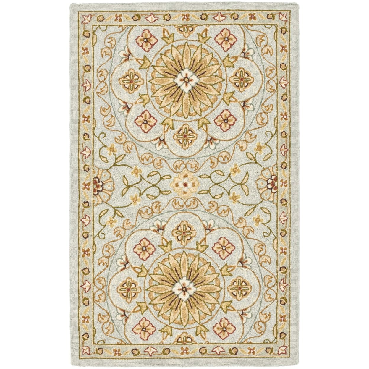 Teal and Green Floral Wool Hooked Rug, 3'9" x 5'9"