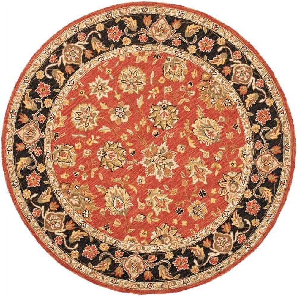 Handmade Round Black and Rose Floral Wool Rug