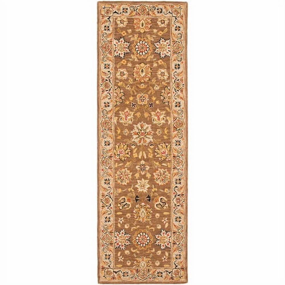 Handmade Ivory and Brown Wool Floral Runner Rug, 2'6" x 12'