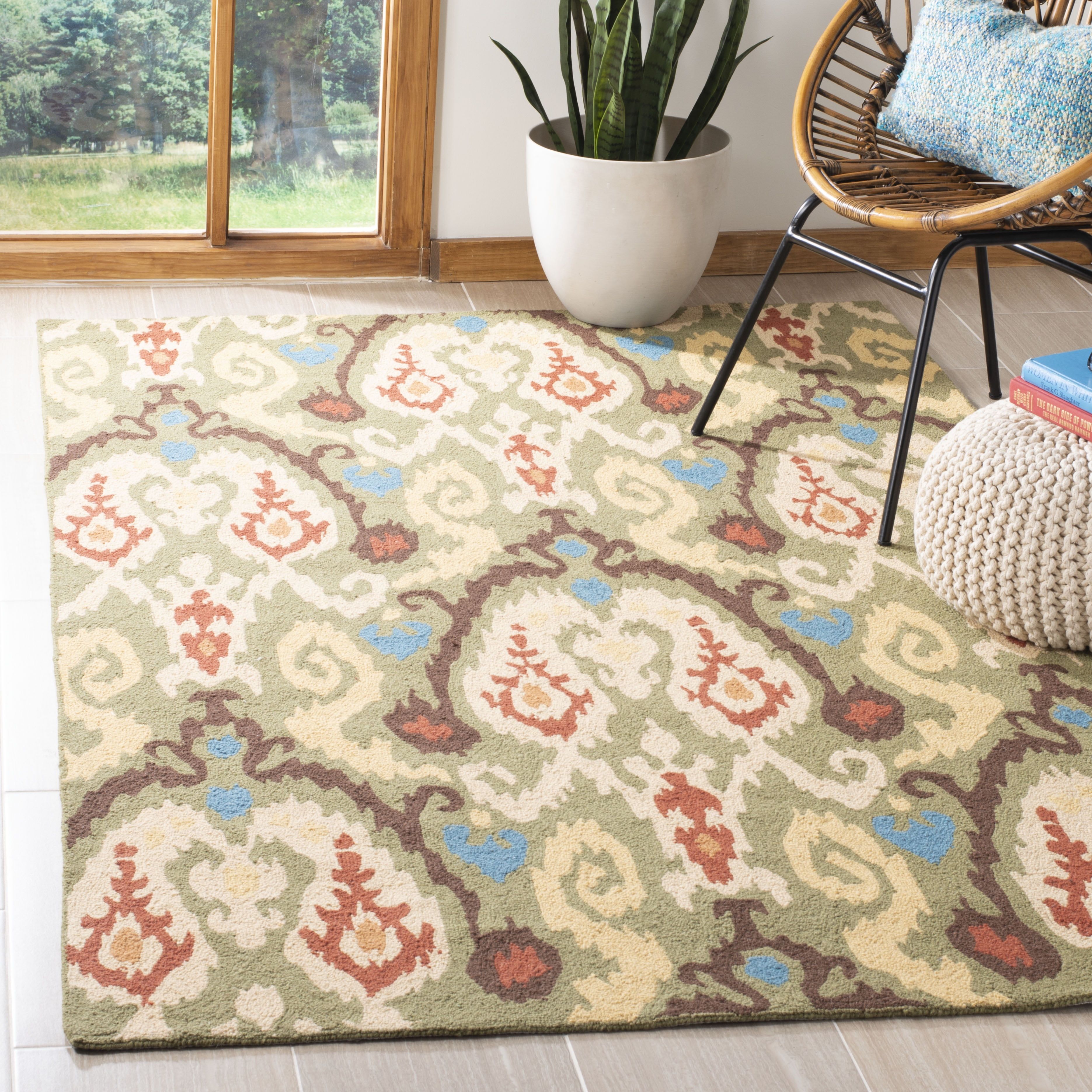 Ivory Floral Wool Rectangular Reversible Rug, 59"