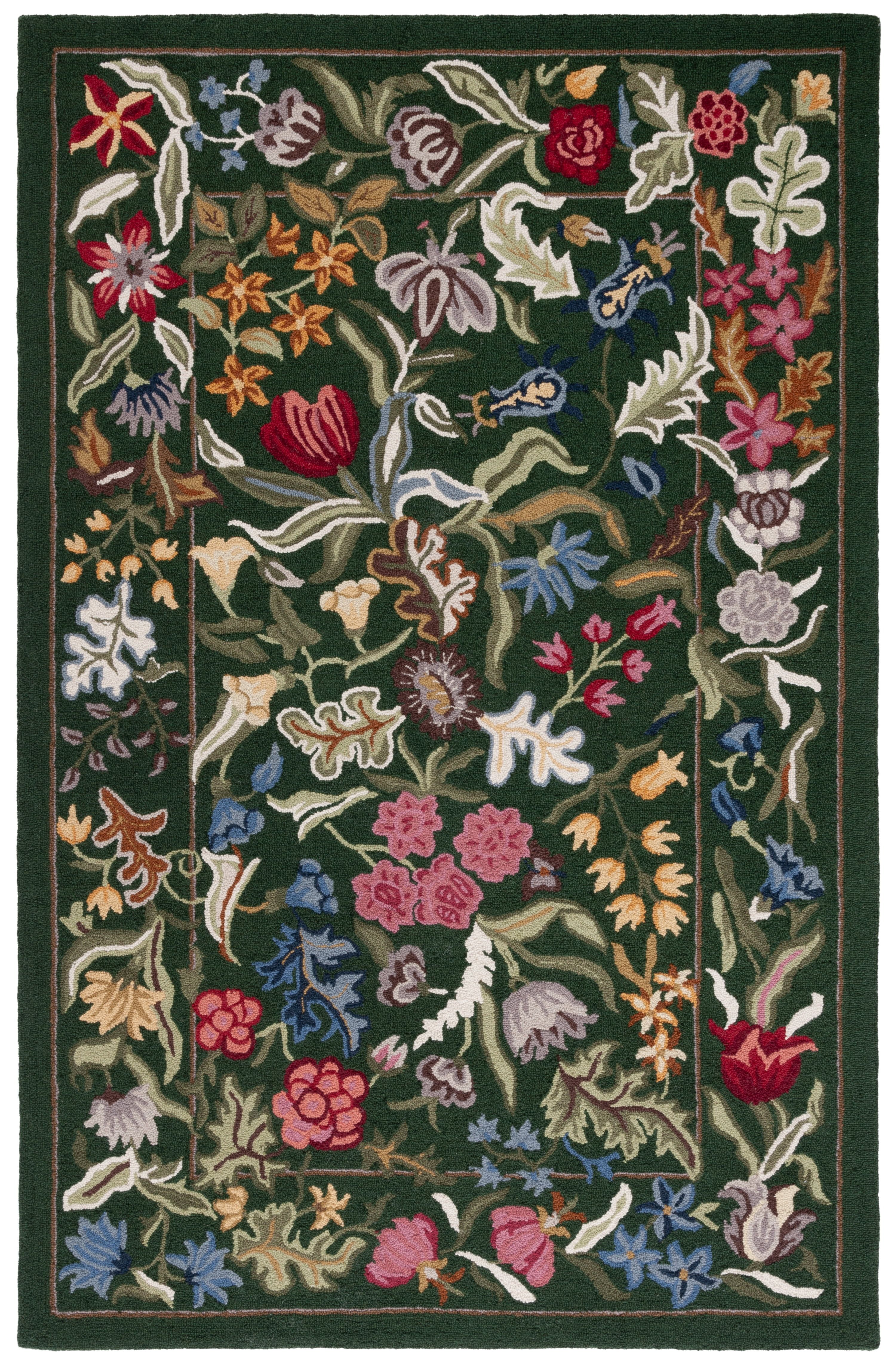 Green-Pink Floral Handmade Wool Rectangular Rug, 3'9" x 5'9"