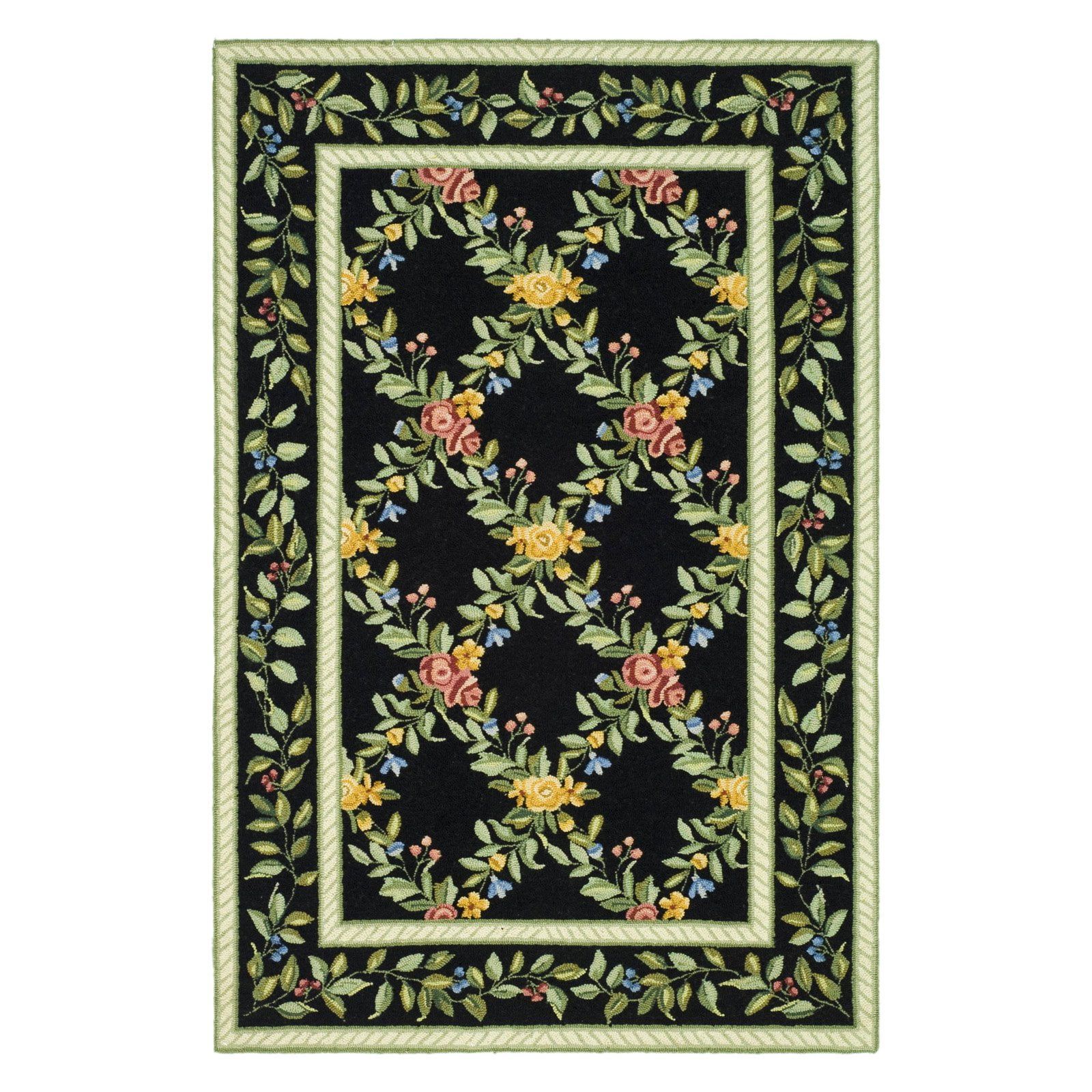 Handmade Rectangular Black Floral Wool Area Rug