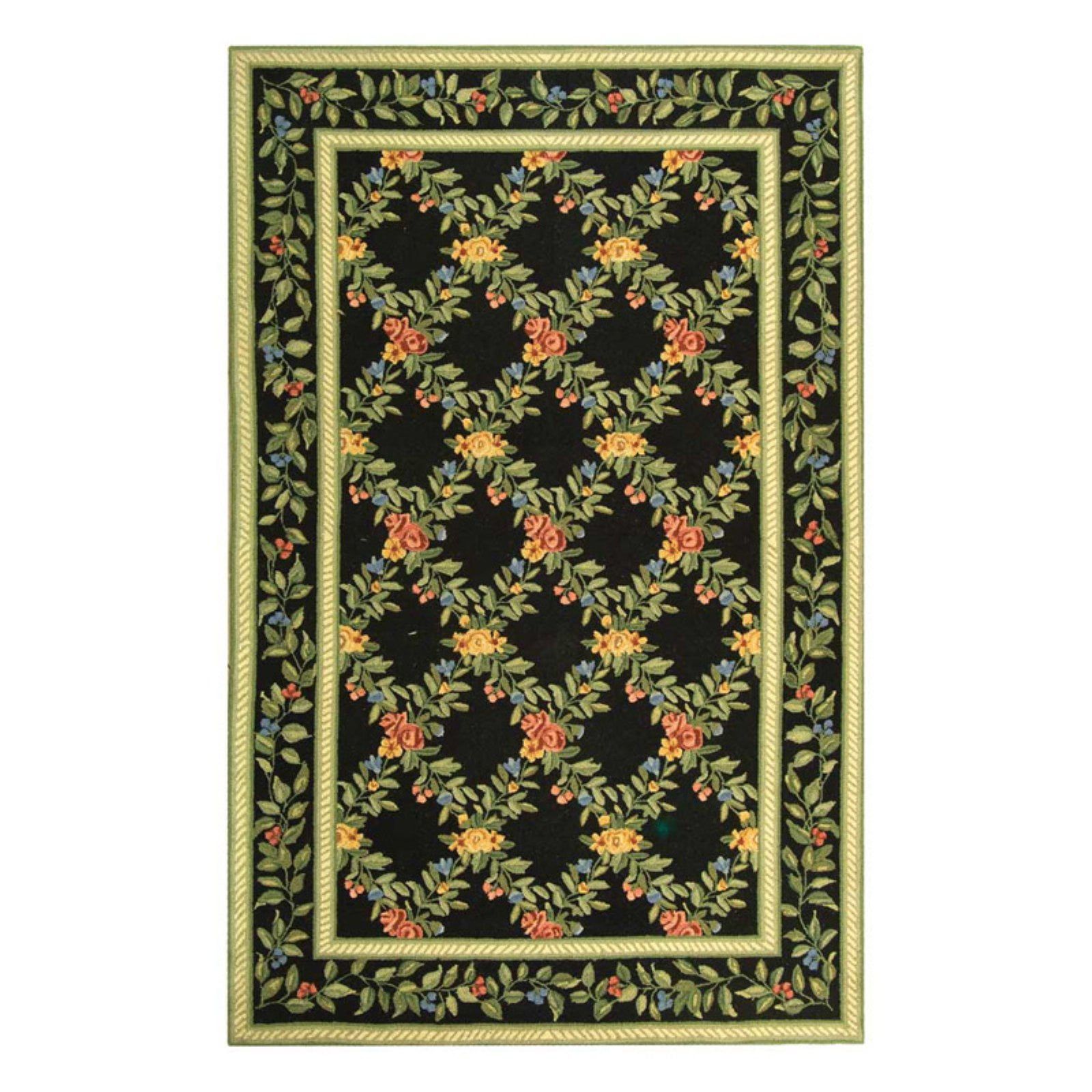 Handmade Black Floral Wool Rectangular Area Rug, 5'3" x 8'3"