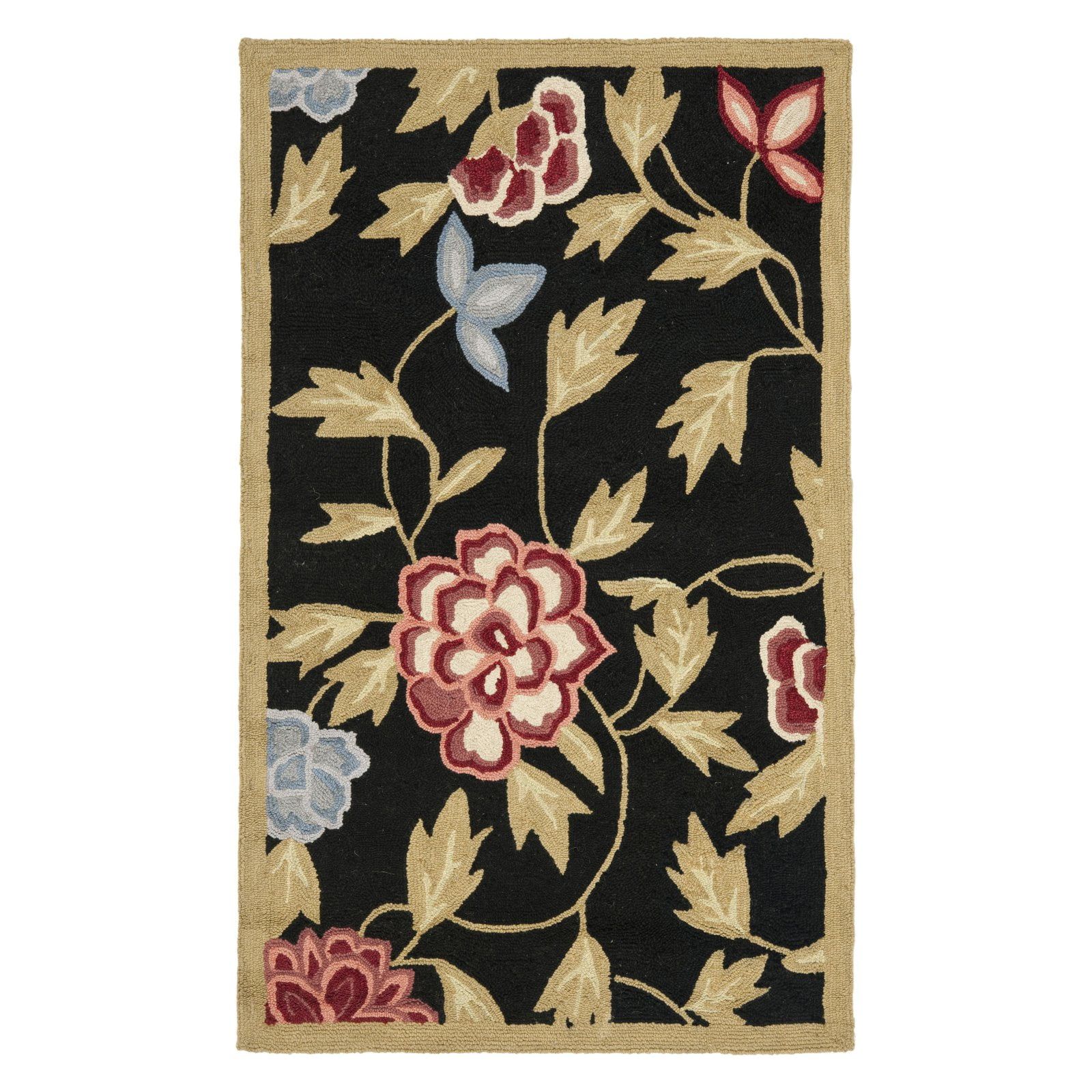 Handmade Black Wool Floral Tufted Area Rug, 5'3" x 8'3"