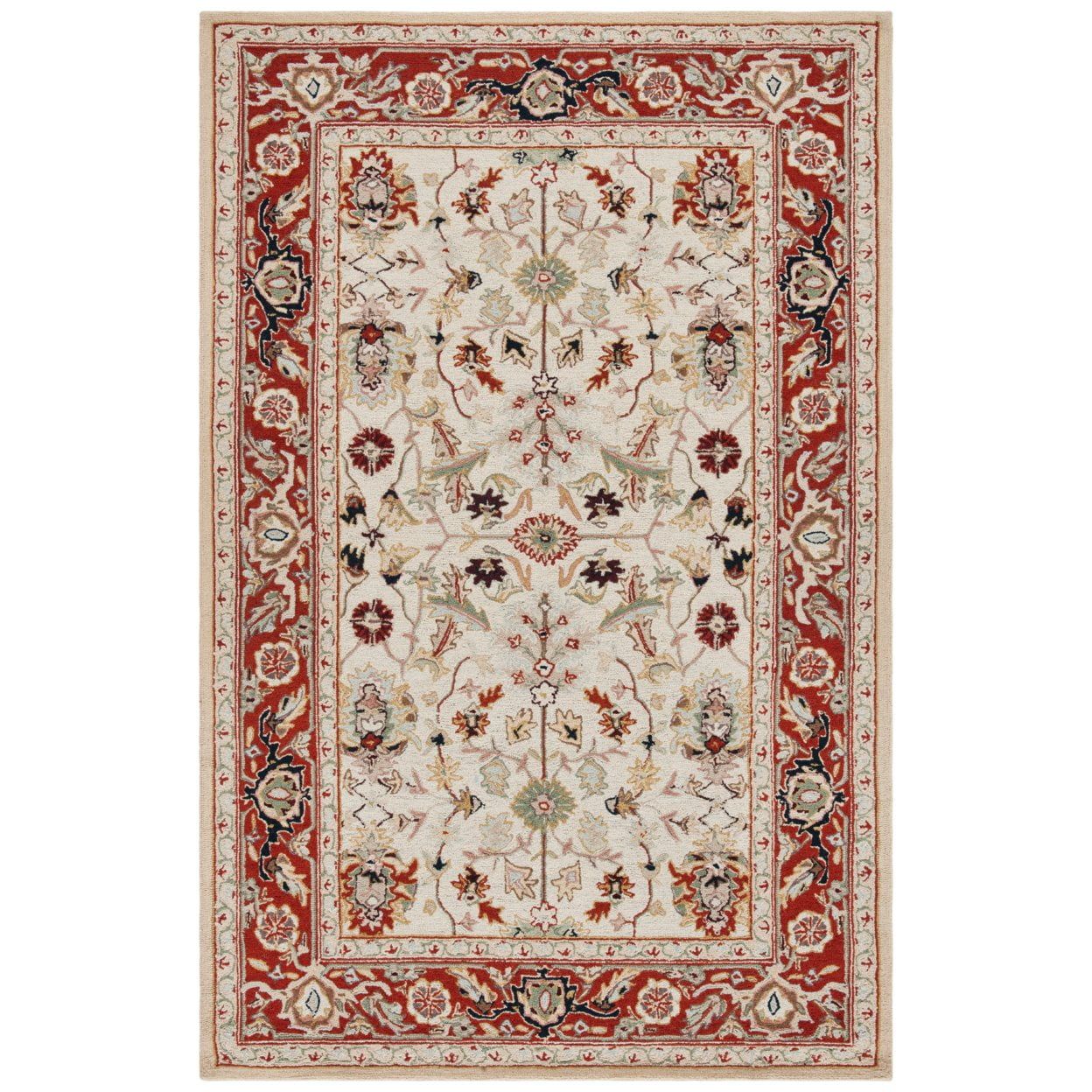 Ivory and Red Hand-Hooked Wool Area Rug, 5'3" x 8'3"