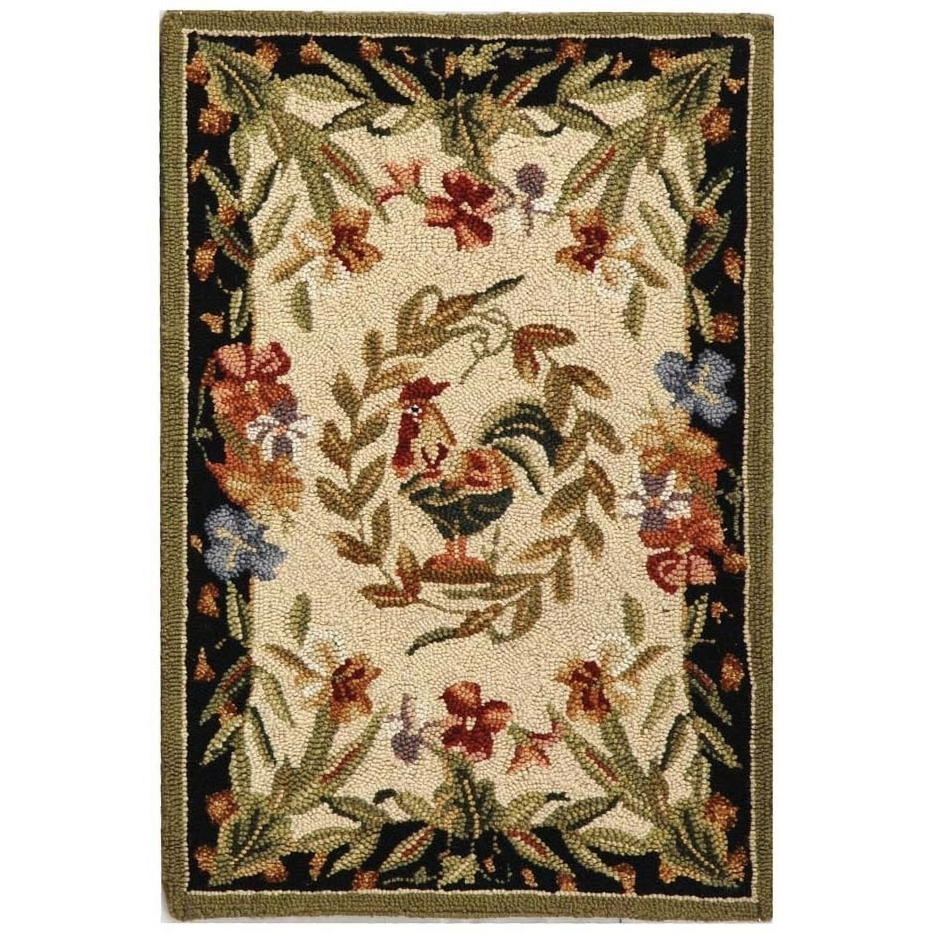 4' Round Black Floral Wool and Cotton Area Rug