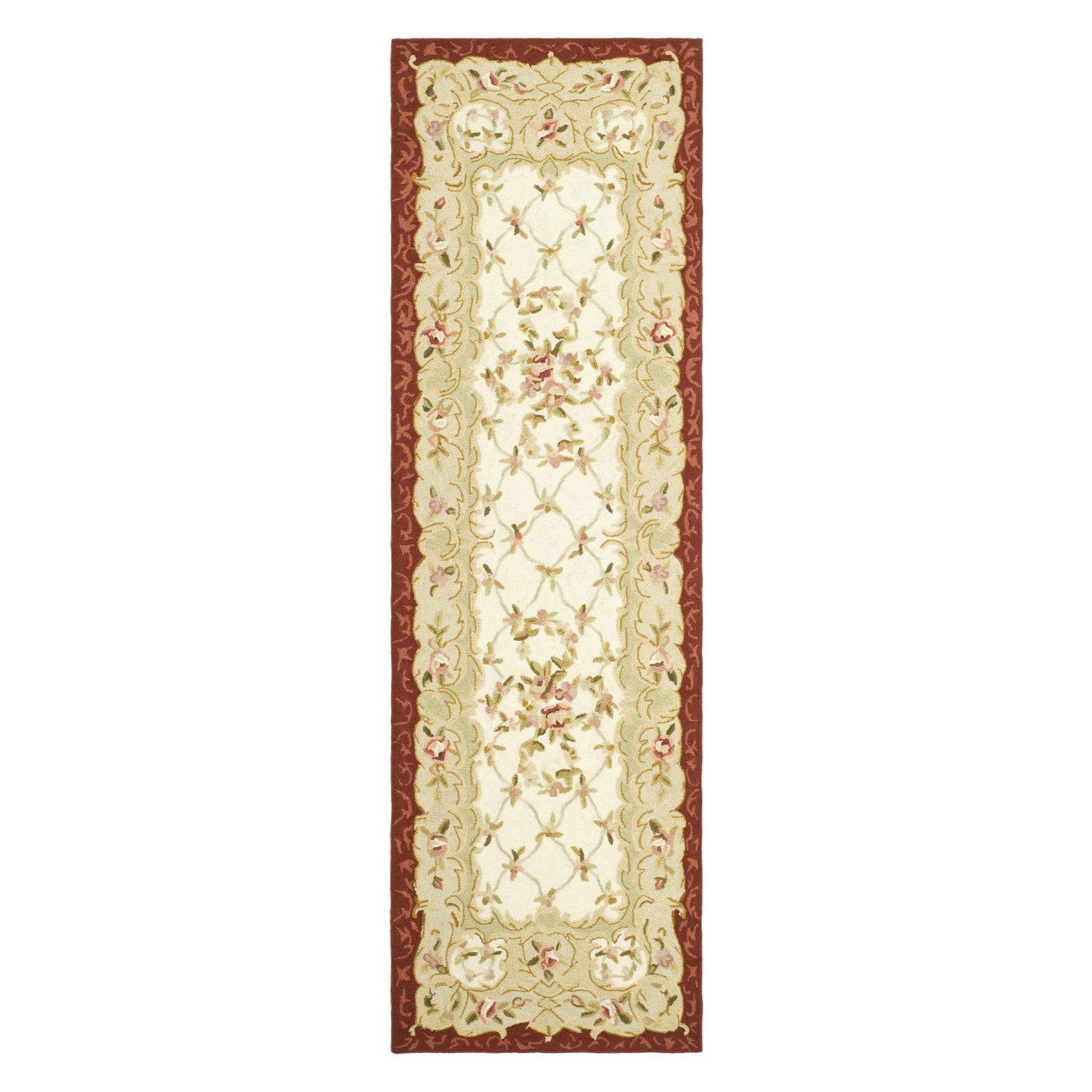 Ivory and Burgundy Handmade Wool Runner Rug, 2'6" x 8'