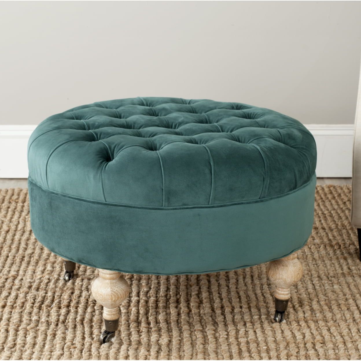 Transitional Clara 27" Tufted Round Ottoman in Marine Blue Velvet