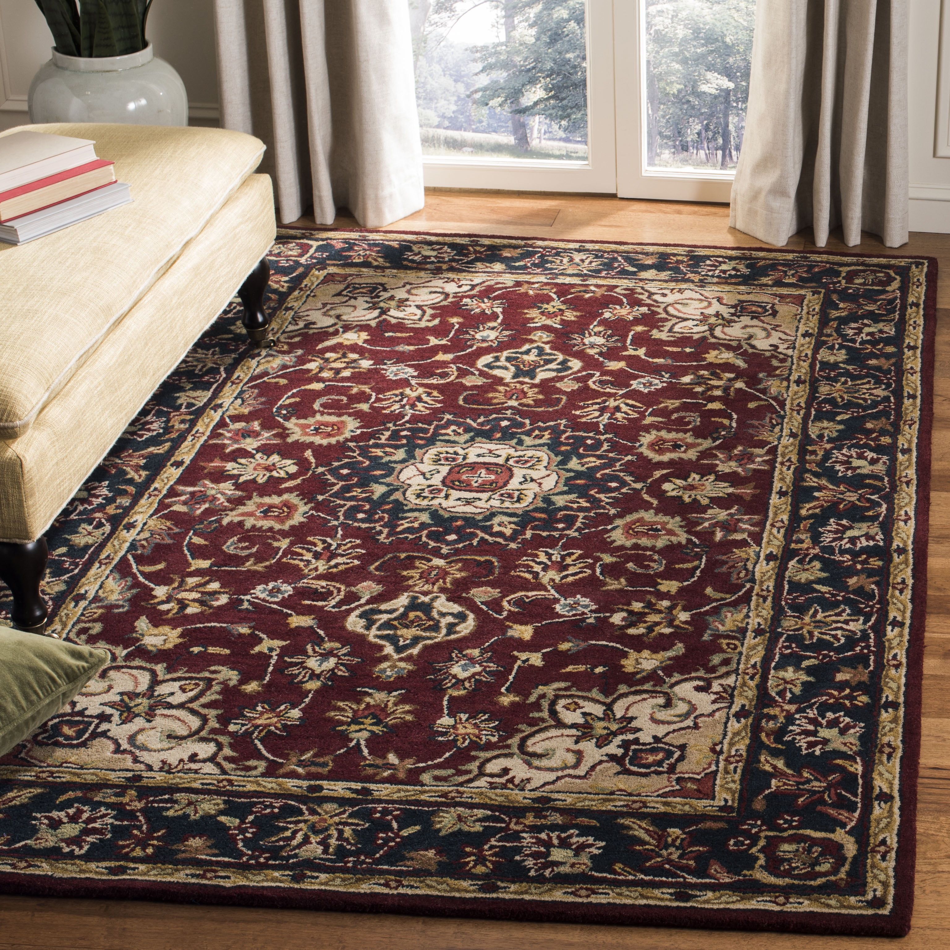 Hand-Tufted Oval Wool Area Rug in Burgundy/Navy, 7'6" X 9'6"