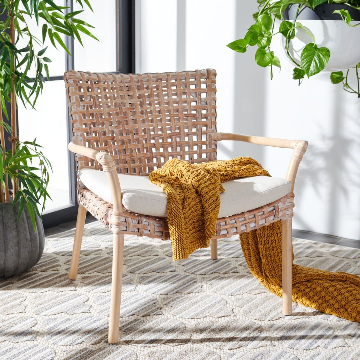 Collette Contemporary Rattan Accent Chair with Cushion, Natural White