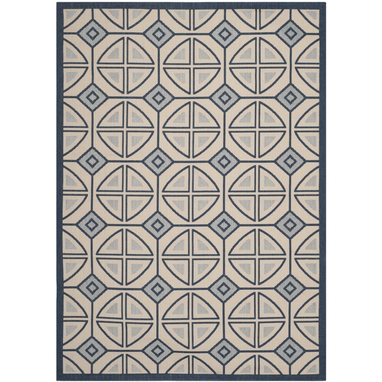 Beige and Navy Geometric Synthetic Outdoor Area Rug, 5' x 7'