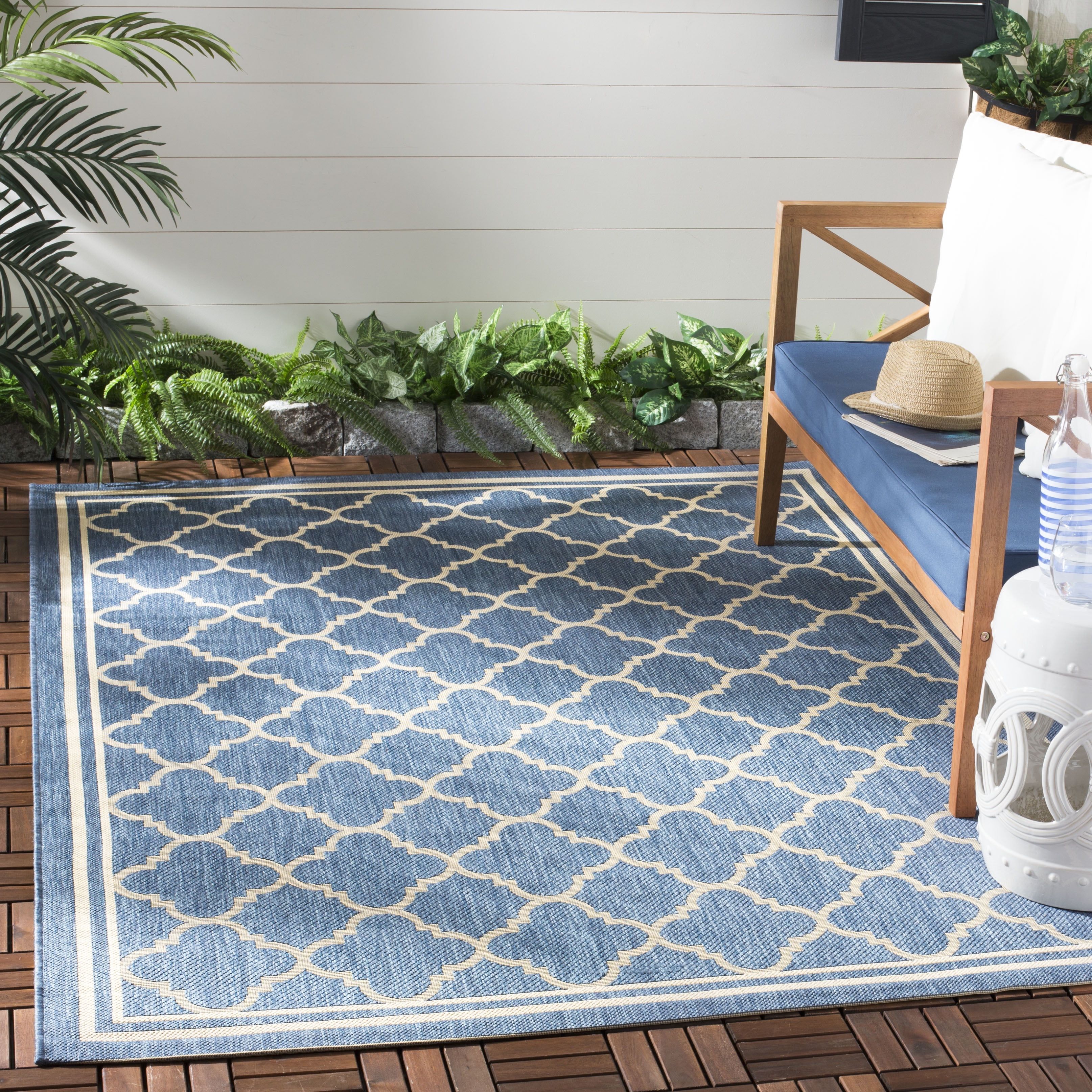 Blue and Beige Geometric Outdoor Area Rug 6'7" x 9'6"