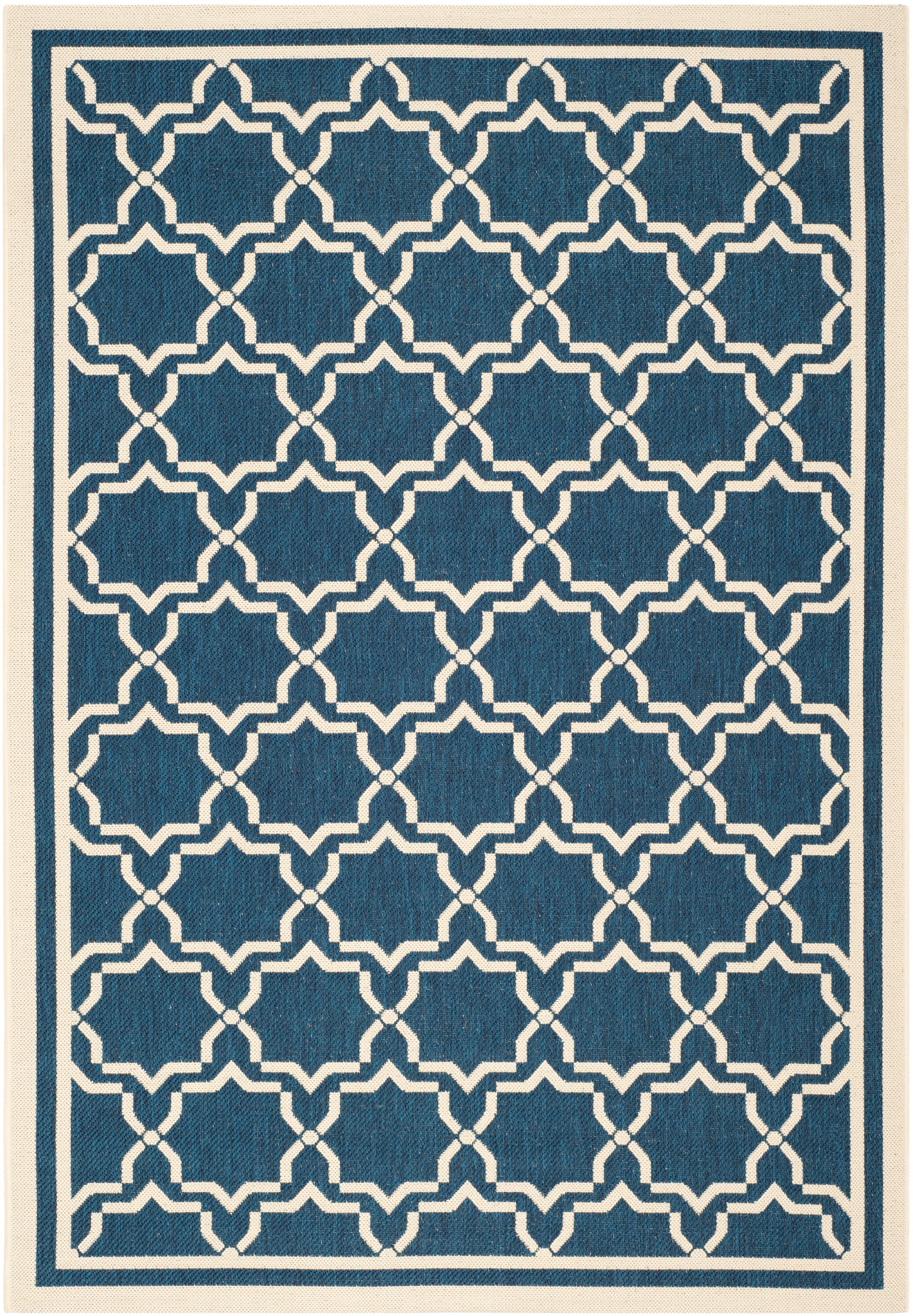 Navy and Beige Geometric Synthetic Indoor/Outdoor Rug, 4' x 5'7"