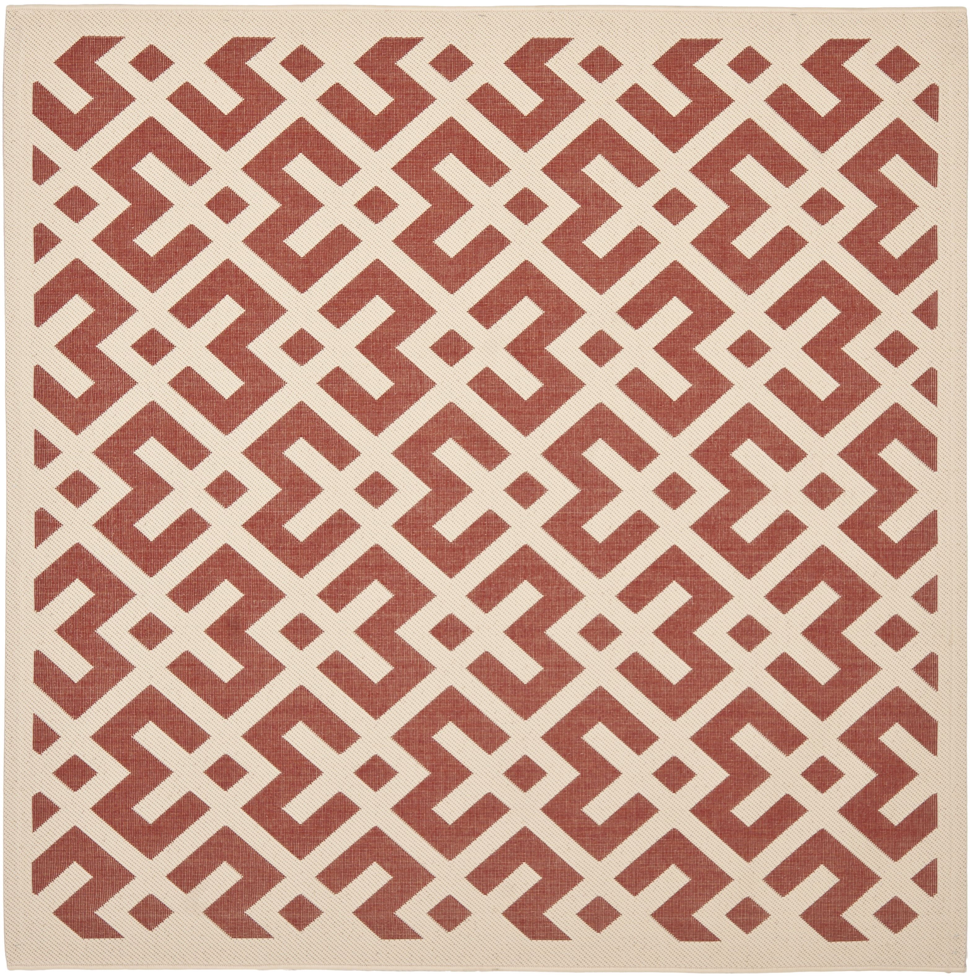 Red and Bone Geometric Square Indoor/Outdoor Rug, 4' x 4'