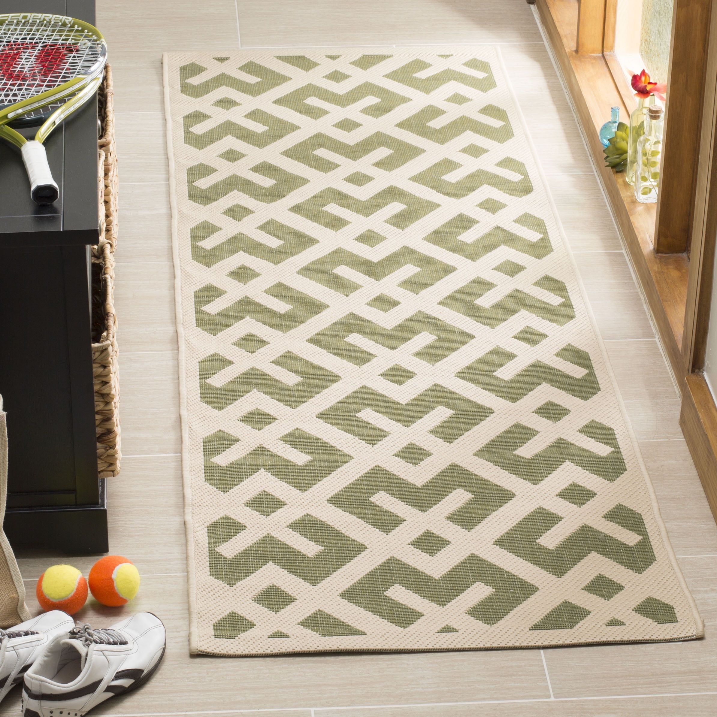 Green and Bone Geometric Outdoor Runner Rug 2'3" x 10'