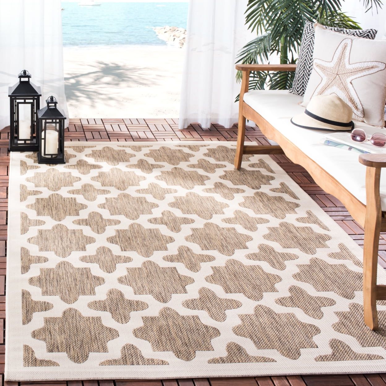 Brown Bone Synthetic Square Easy-Care Indoor/Outdoor Rug, 4' x 4'