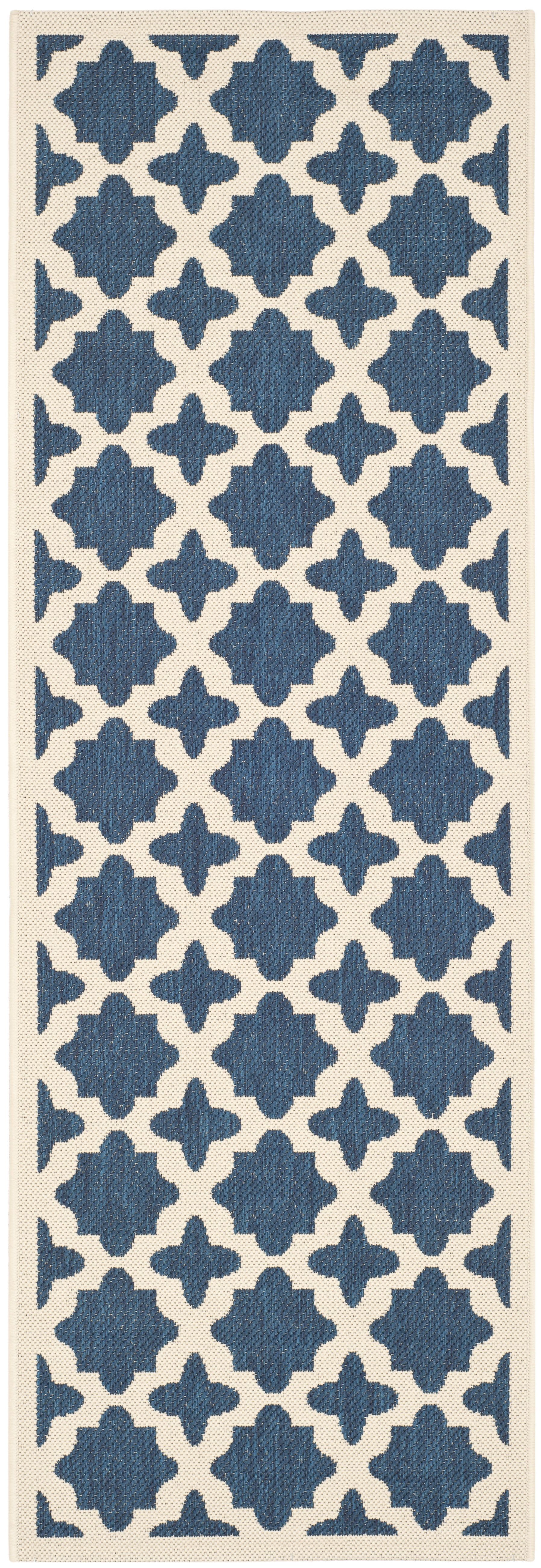 Navy and Beige Geometric Outdoor Runner Rug