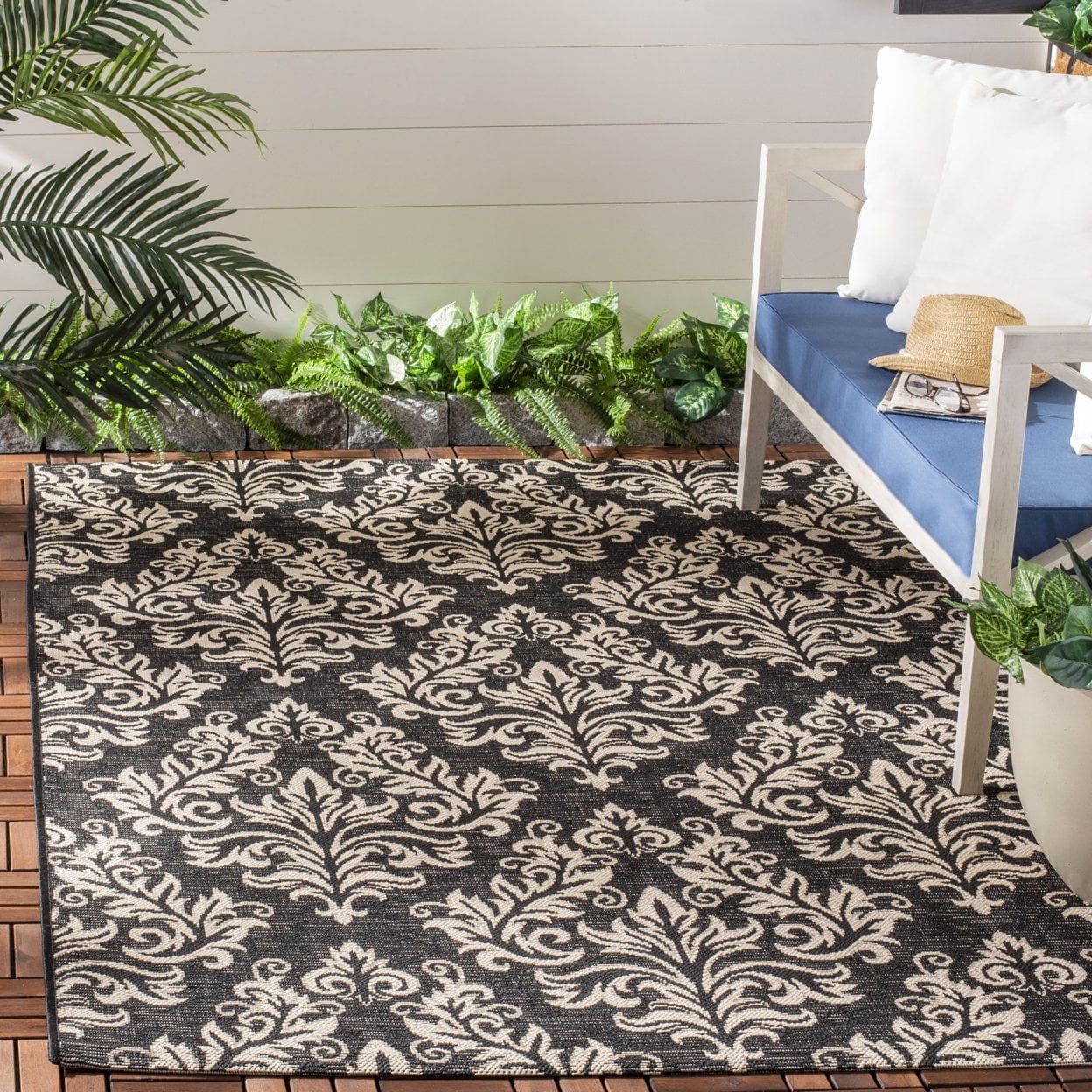 Black and Cream Damask Rectangular Outdoor Area Rug 8' x 11'
