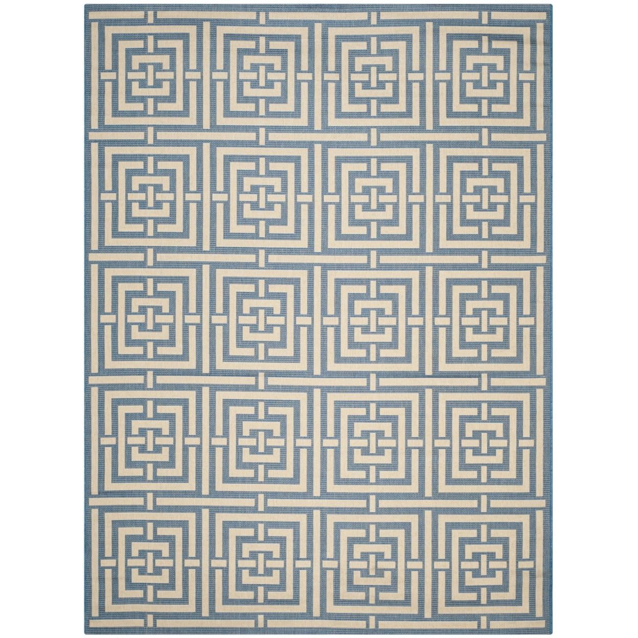 Blue and Bone Geometric Synthetic Outdoor Area Rug, 8' x 11'