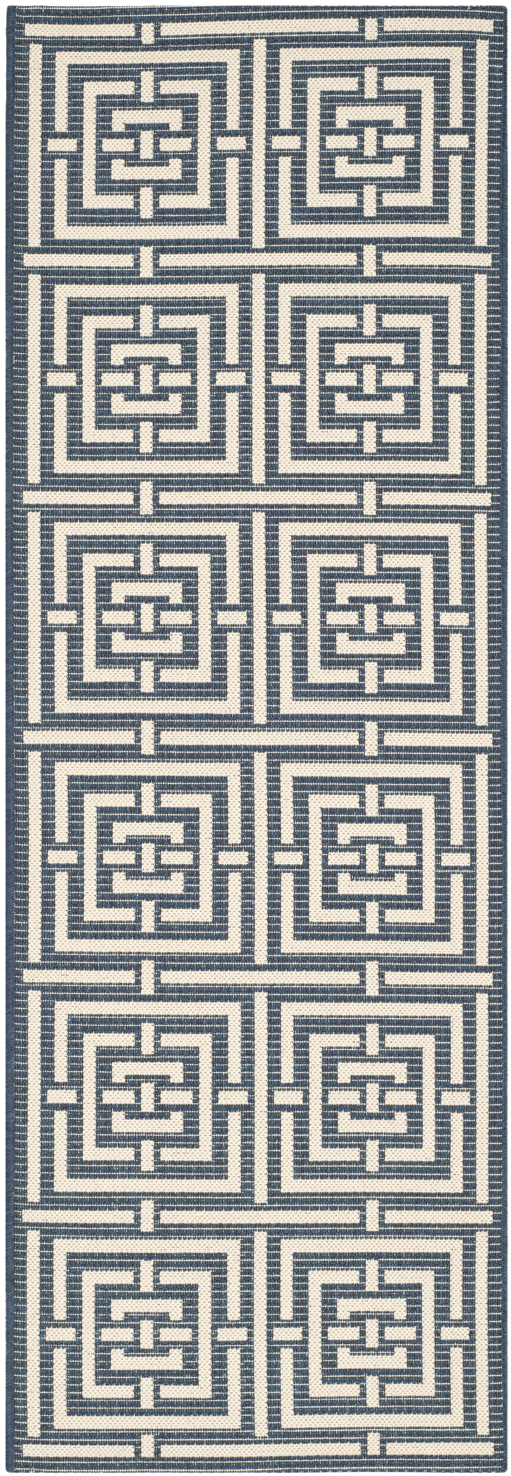 Navy and Beige Geometric Synthetic Indoor/Outdoor Runner Rug