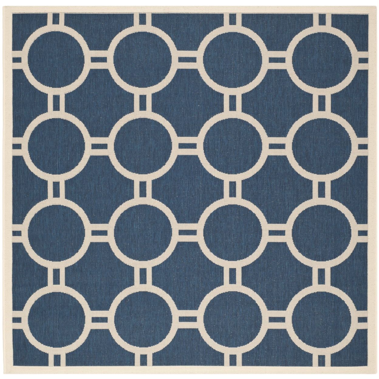 Navy and Beige Geometric Circle Indoor/Outdoor Area Rug, 6'7" Square