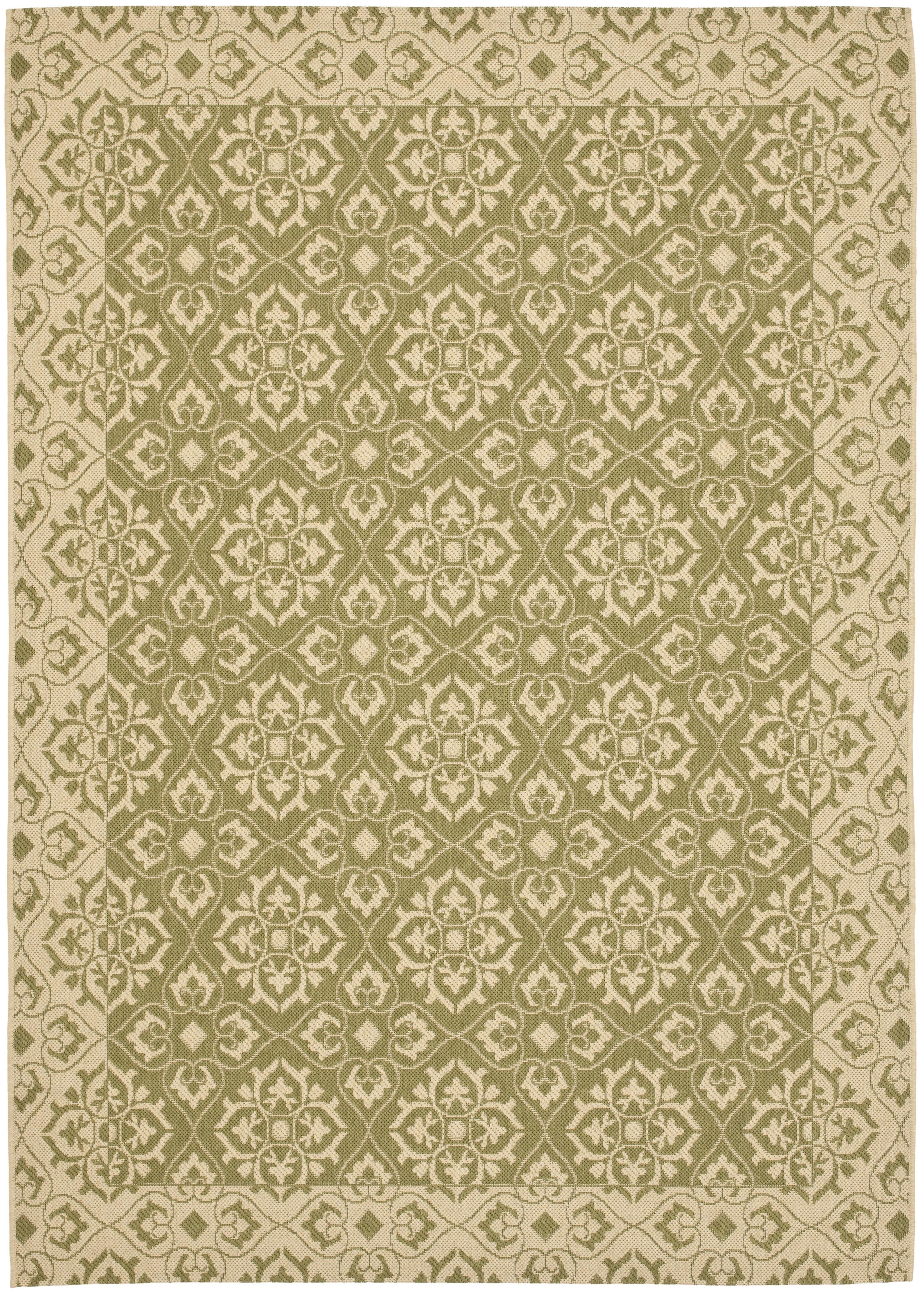 Green and Cream Floral Motif Rectangular Outdoor Area Rug