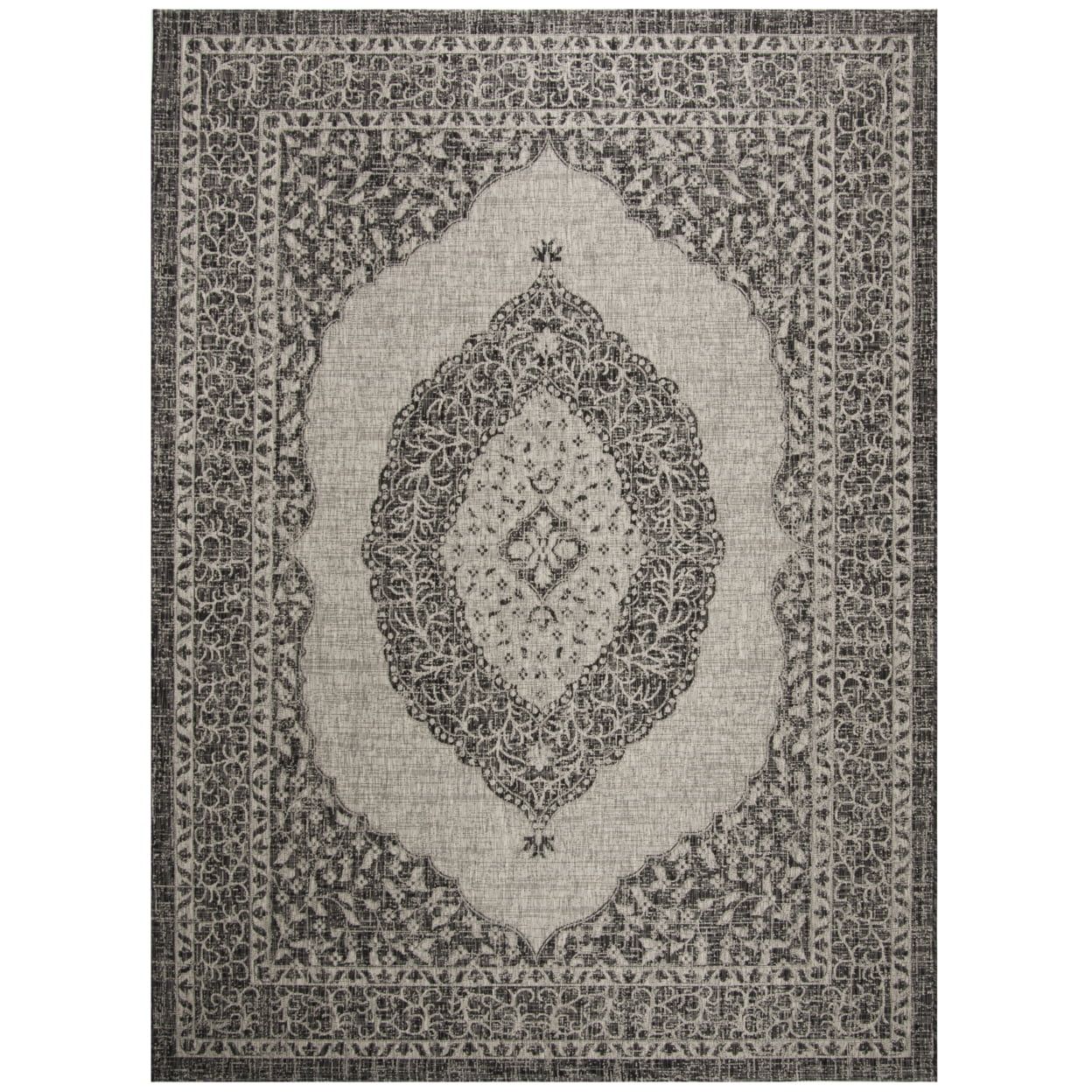 Light Grey and Black Floral Motif Outdoor Area Rug 9' x 12'