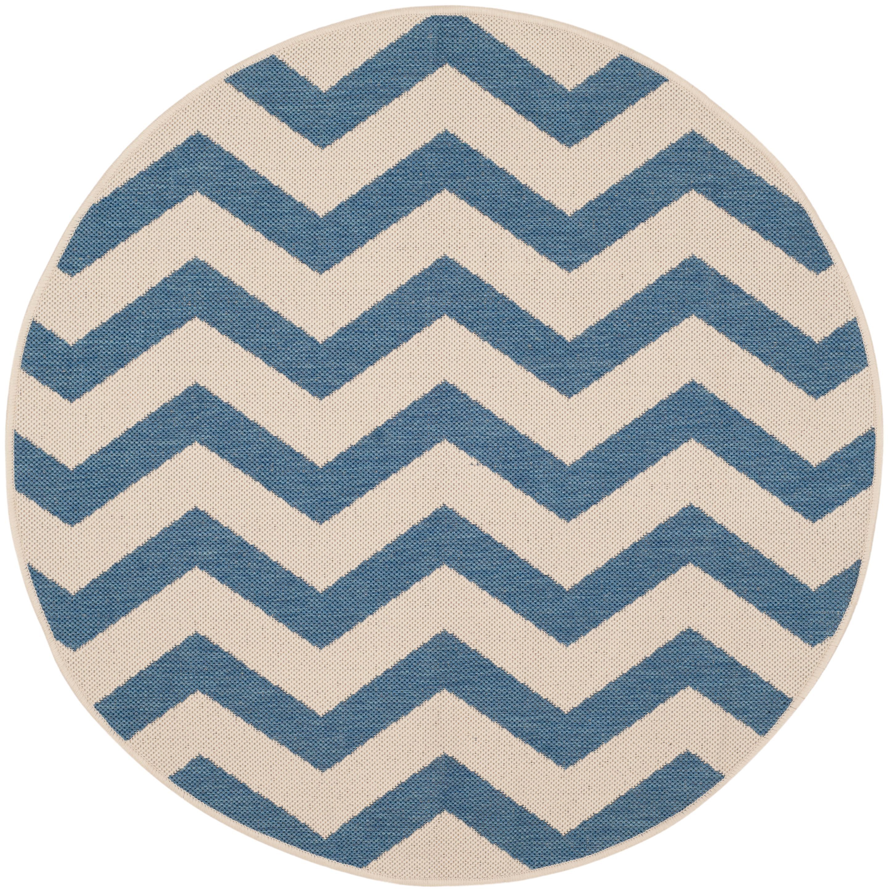 Round Blue and Beige Chevron Indoor/Outdoor Rug