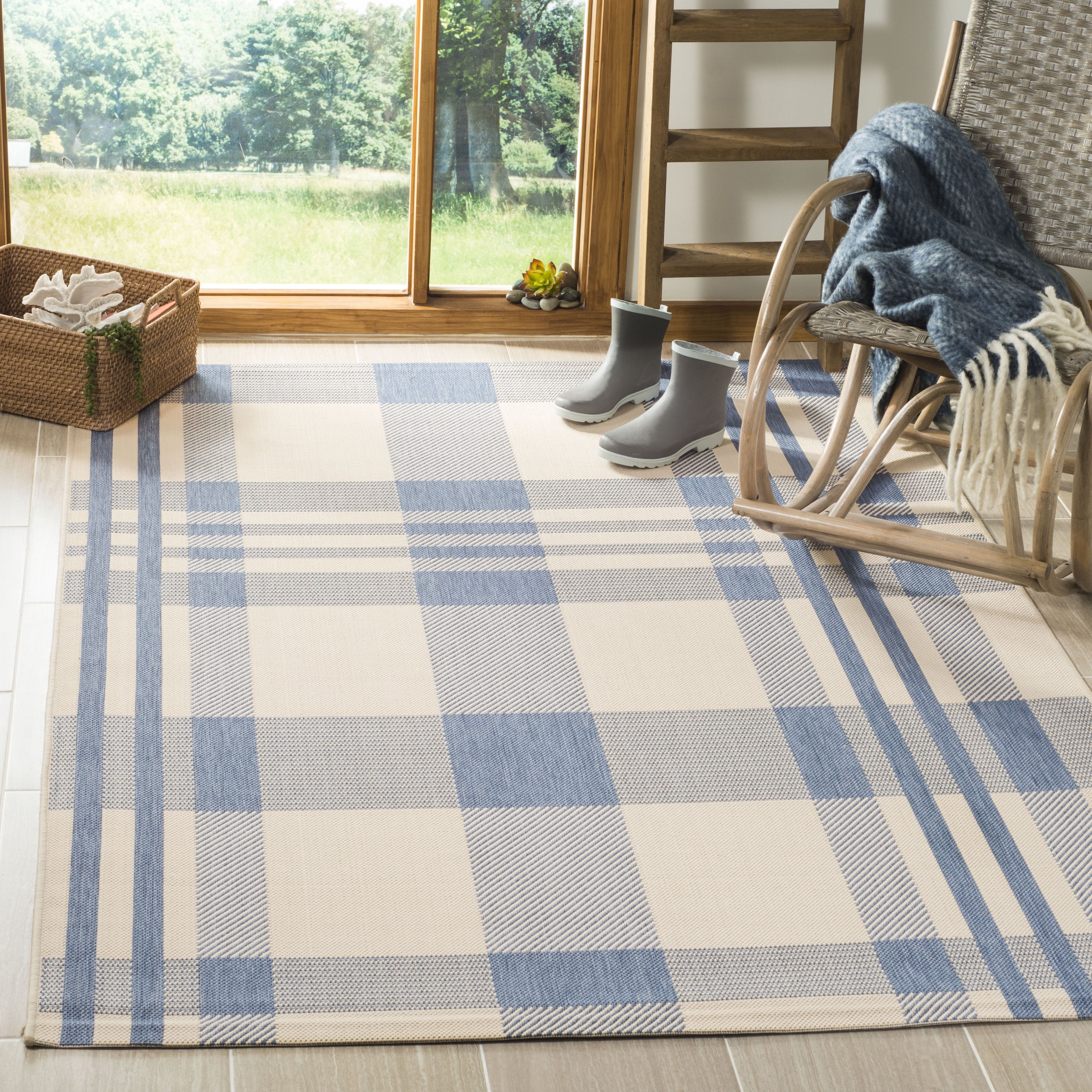 Beige and Blue Plaid Indoor/Outdoor Synthetic Rug