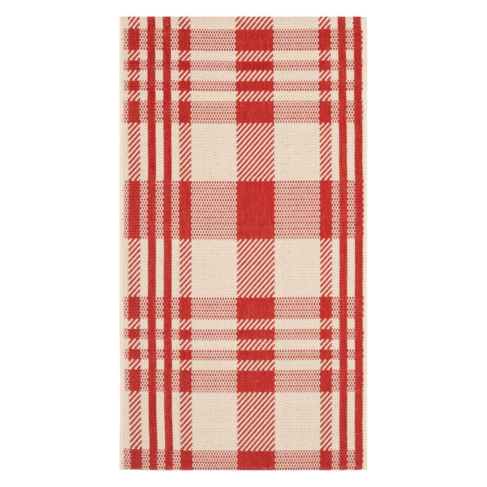 Red and Bone Round Plaid Synthetic Indoor/Outdoor Rug