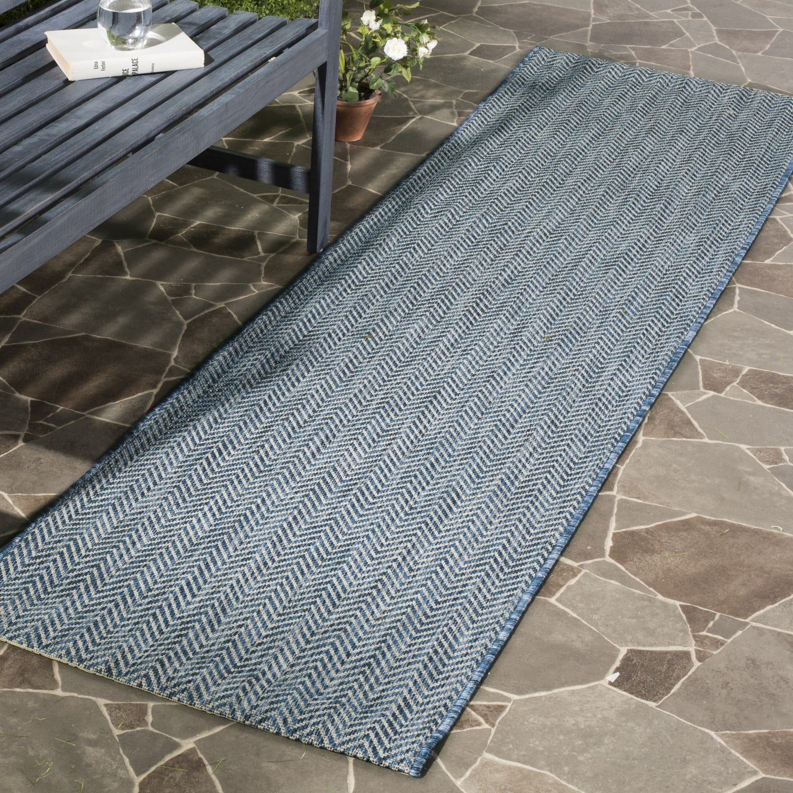 Navy and Grey Synthetic Easy-Care Outdoor Rug - 27"x18"