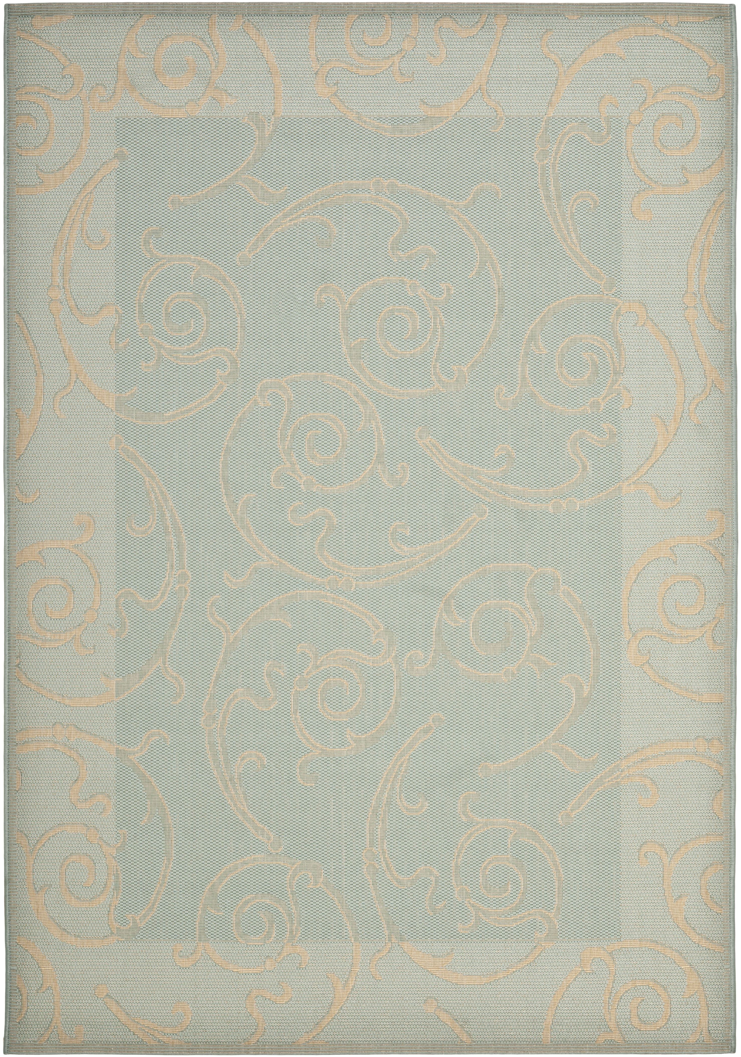 Aqua and Cream Baroque Print Outdoor Area Rug