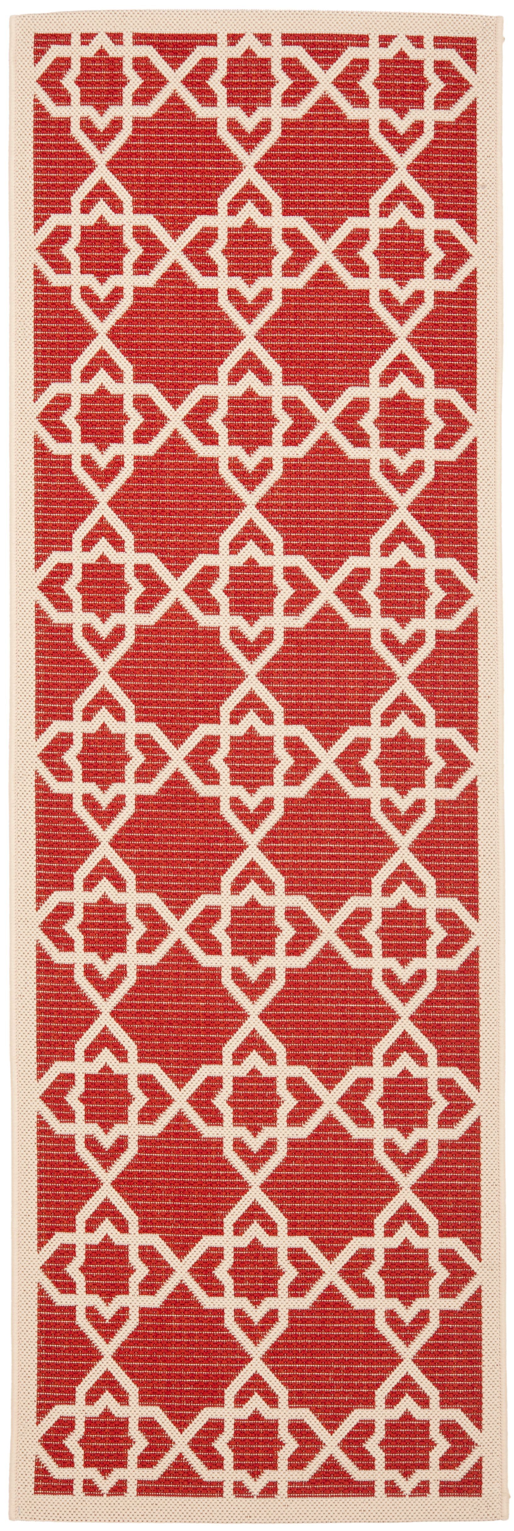 Terracotta Geometric Pattern Outdoor Runner Rug with Trim Embellishment