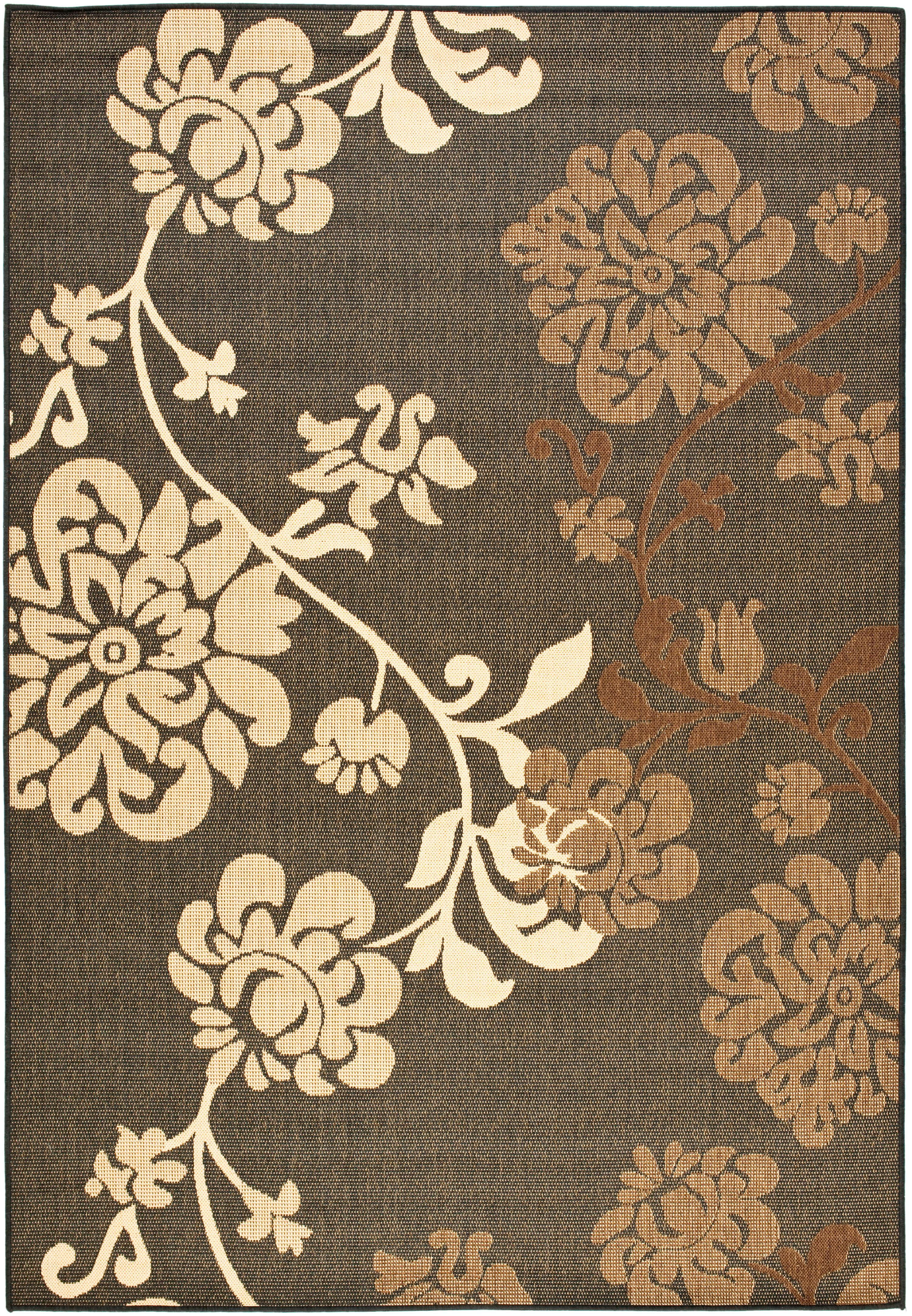 Black and Brown Floral Rectangular Synthetic Indoor/Outdoor Rug