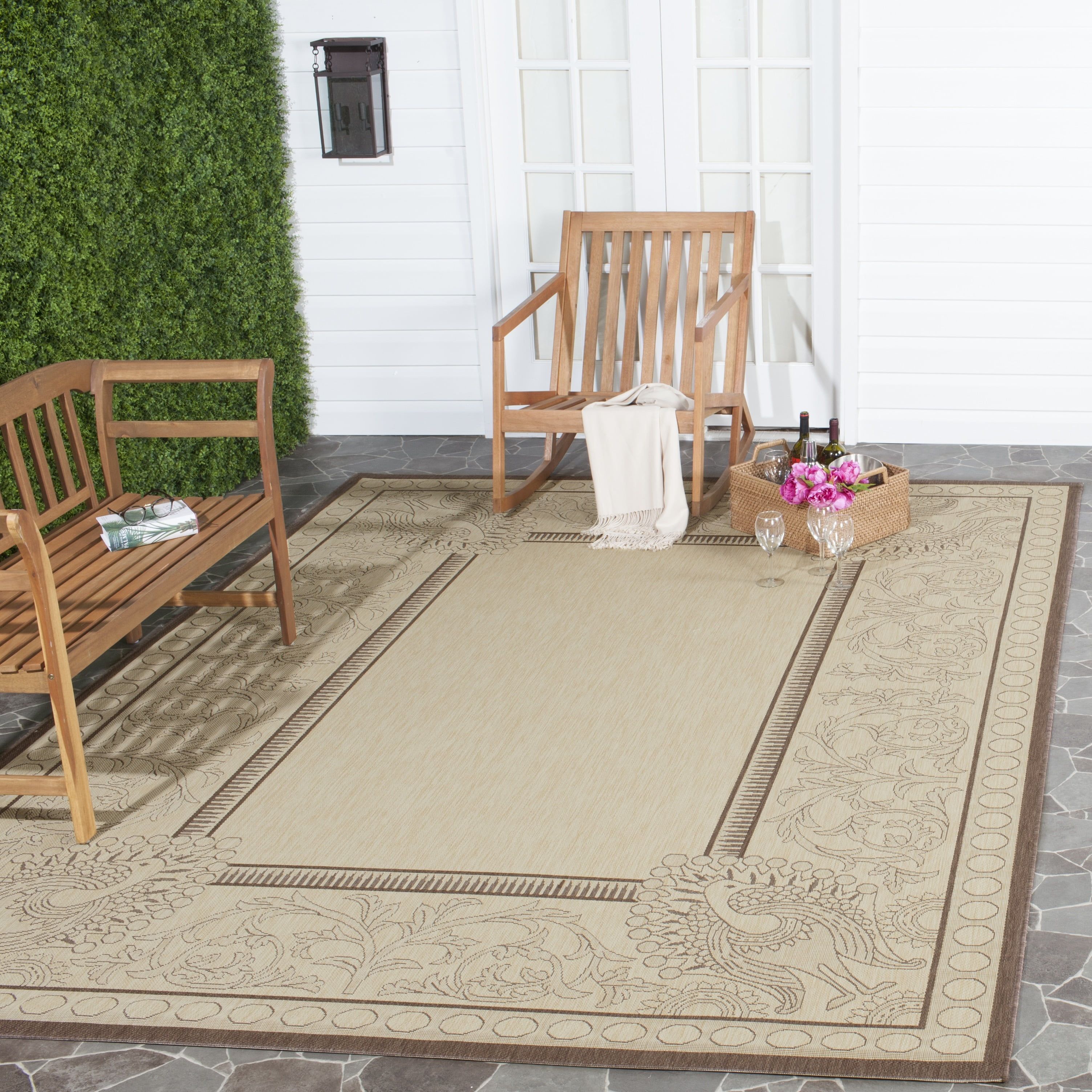 Natural and Chocolate Rectangular 5' x 7' Stain-Resistant Synthetic Rug