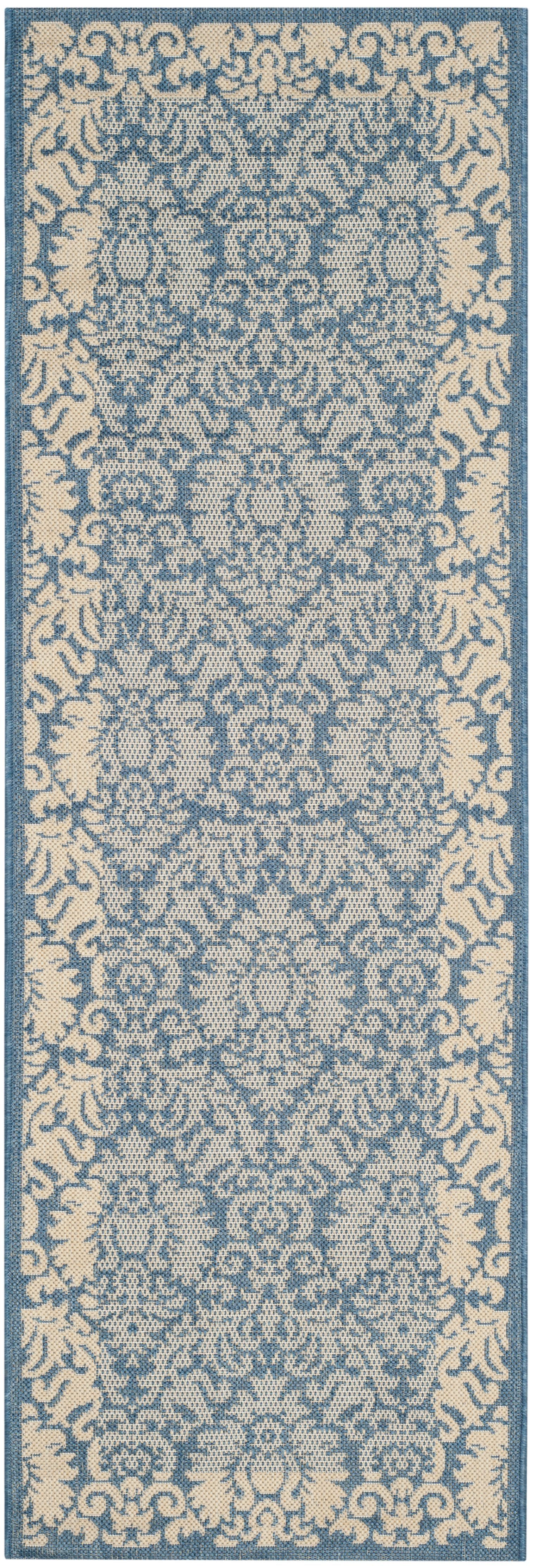 Blue and Natural Damask Low Pile Outdoor Runner Rug