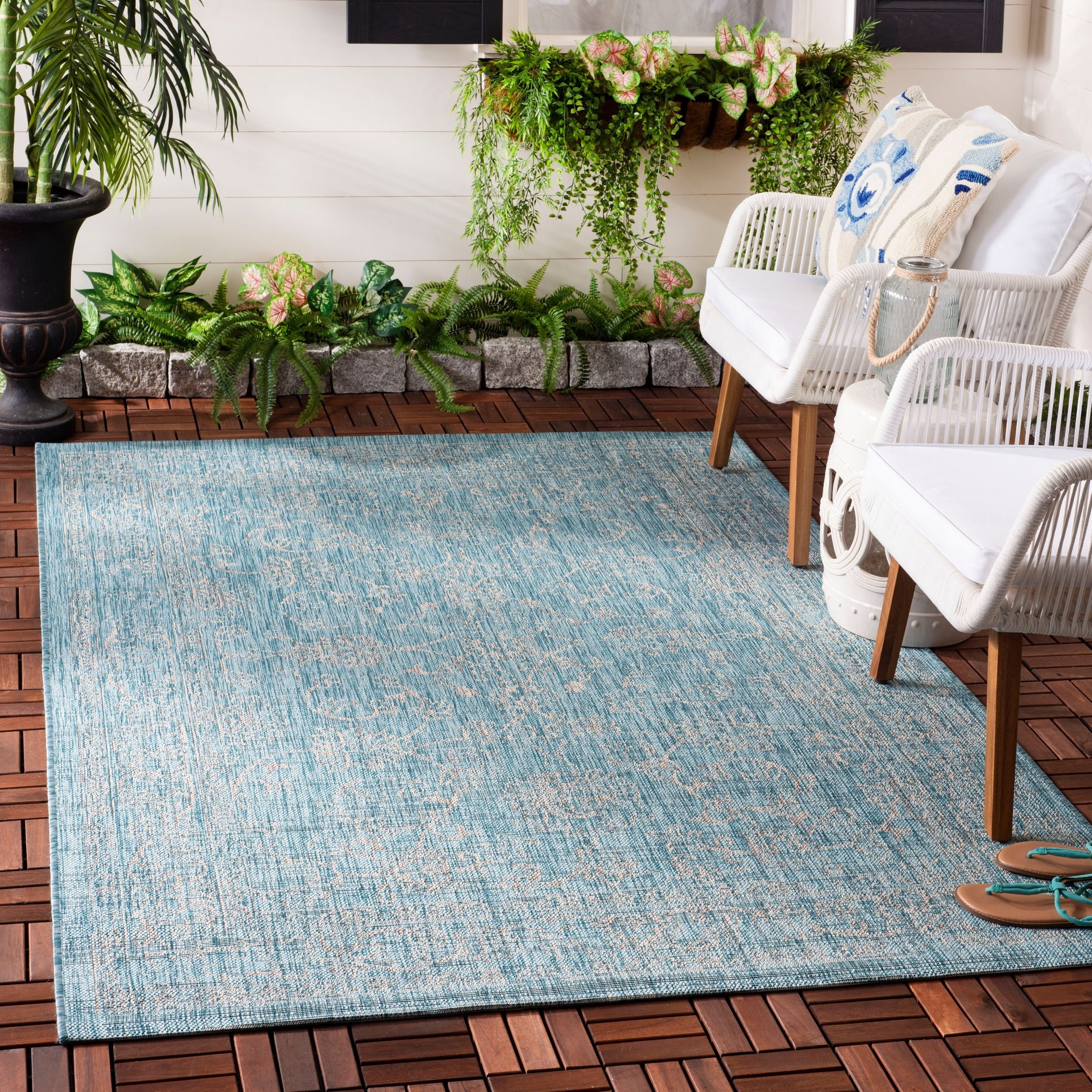 Aqua and Gray 9' x 12' Synthetic Flat Woven Reversible Rug