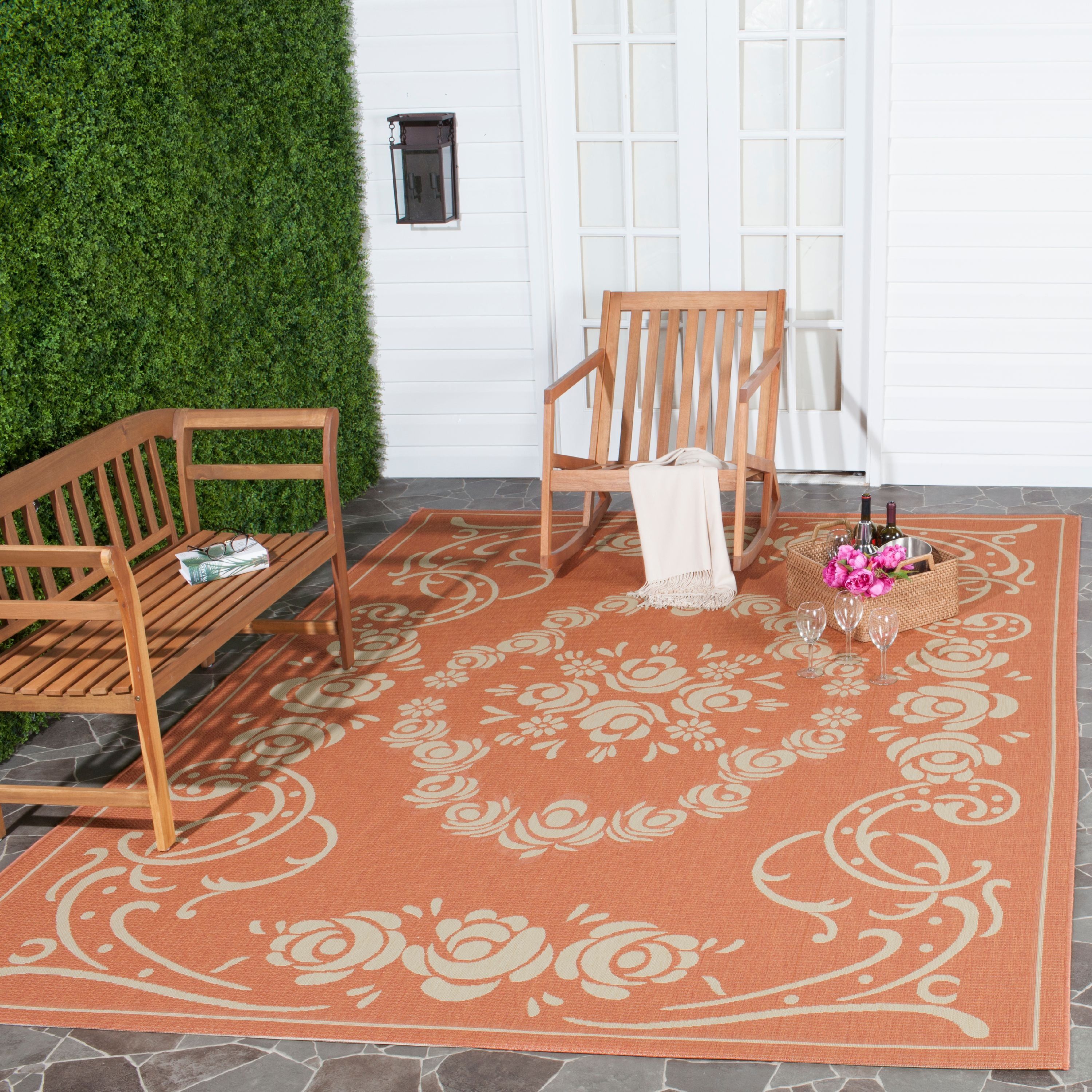 Terracotta and Natural Rectangular Synthetic Outdoor Area Rug