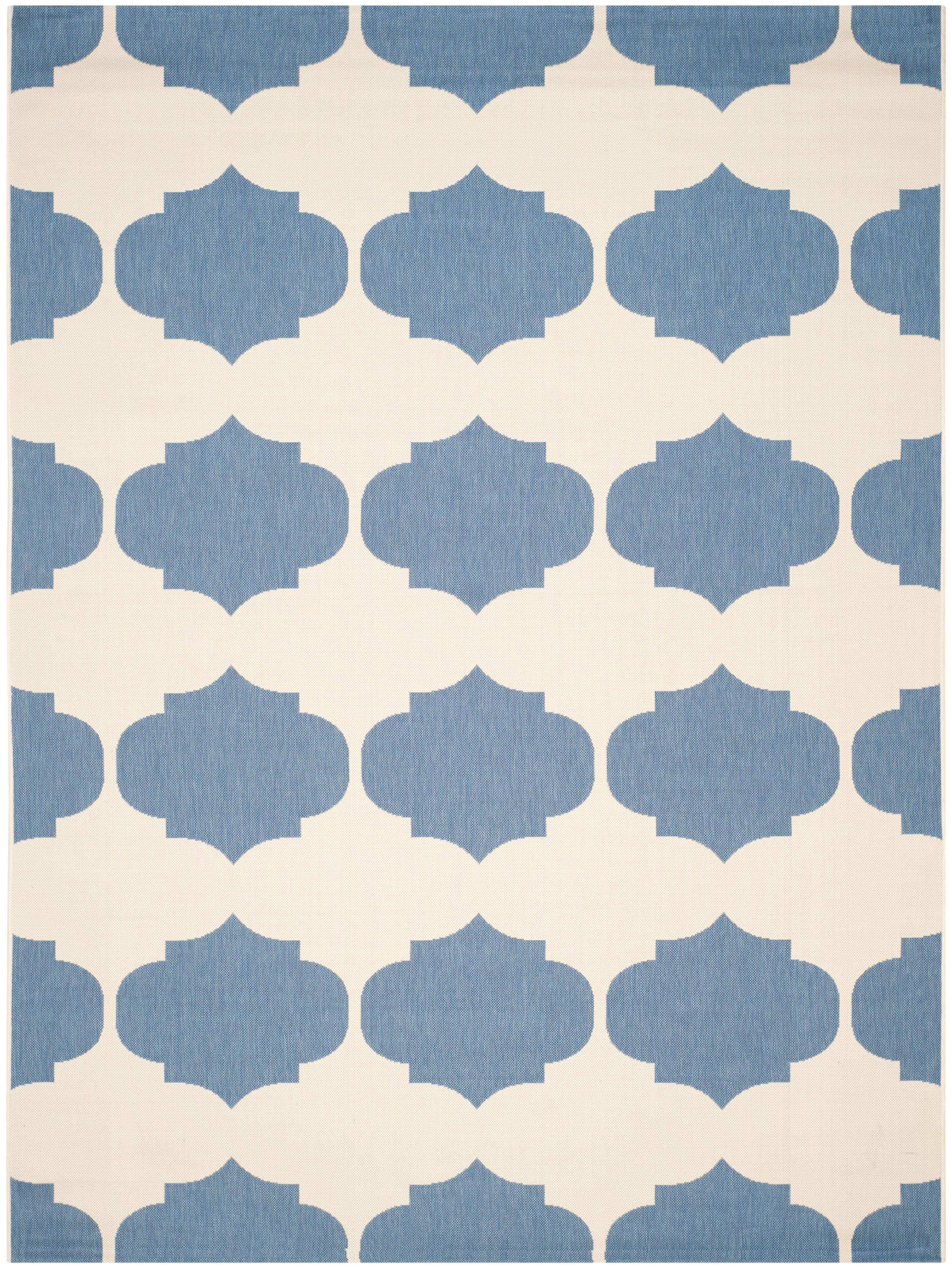 Beige and Blue Geometric 9' x 12' Outdoor Area Rug