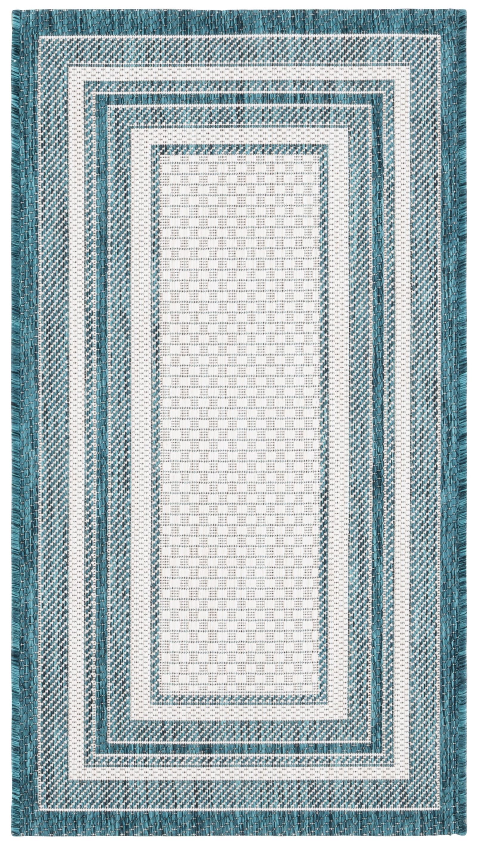 Ivory and Teal Rectangular Synthetic Indoor/Outdoor Area Rug
