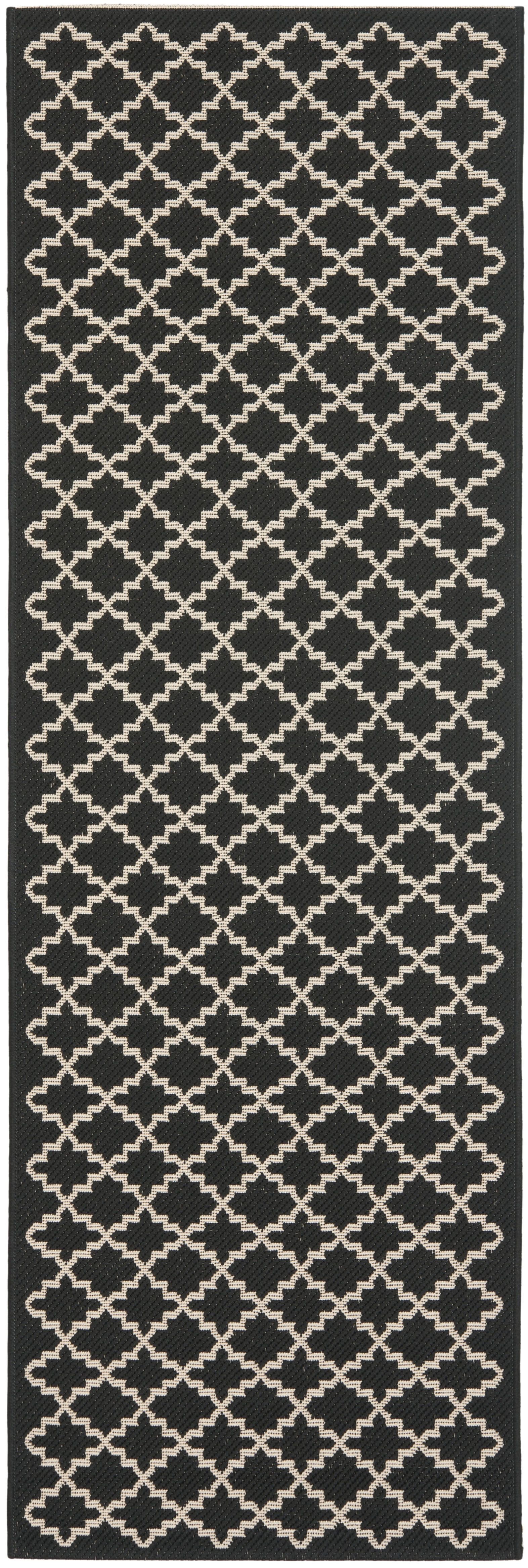 Courtyard Elegance 27"x8' Black/Beige Synthetic Indoor/Outdoor Runner Rug