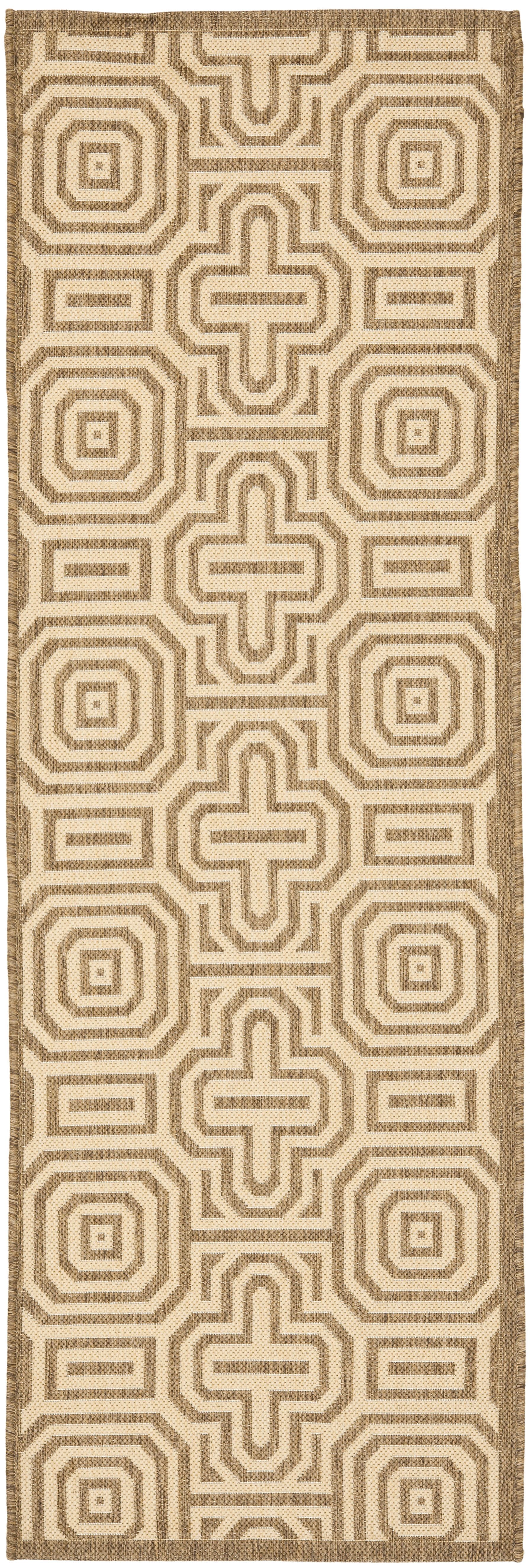 Brown and Natural Geometric Outdoor Runner Rug with Trim