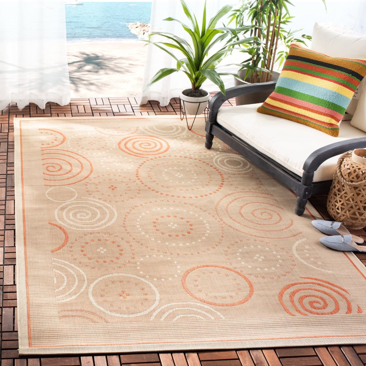 Natural Terracotta Geometric Outdoor Area Rug with Trim Embellishment